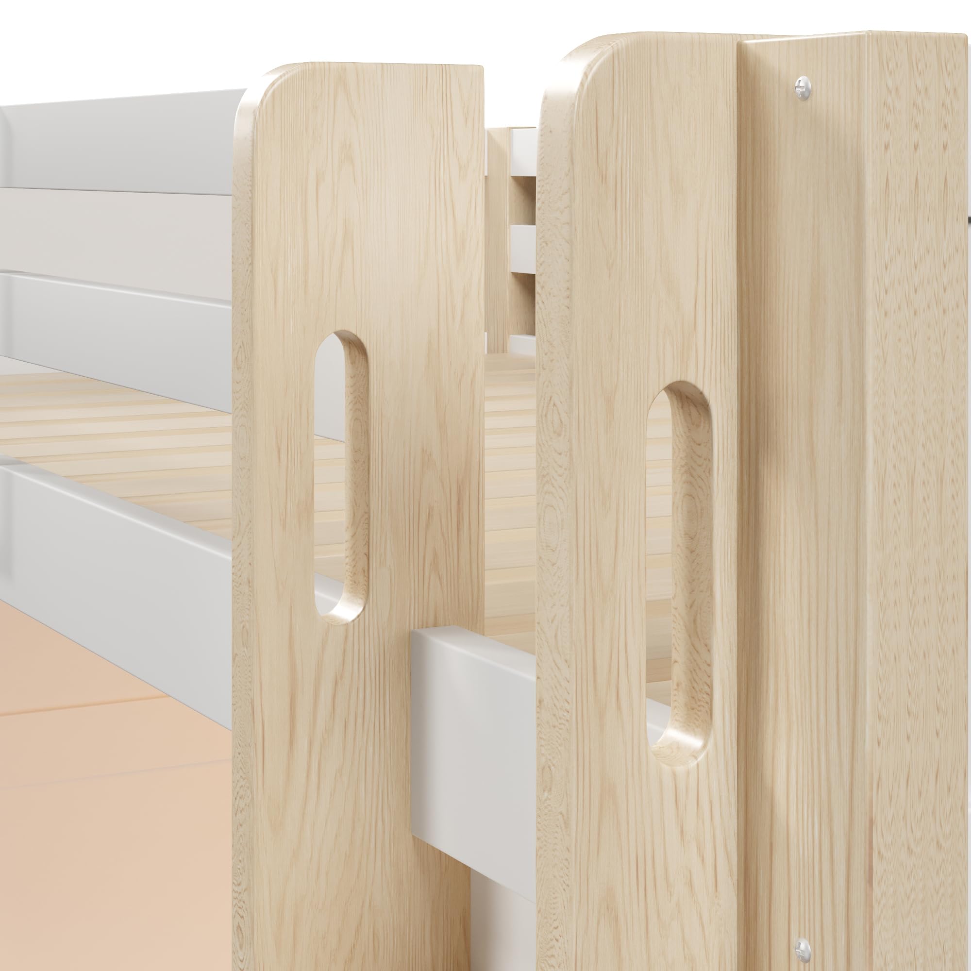 Moimhear Cama alta, 90 x 200 cm, con luces LED, armario, estantería, sin colchón, color blanco y natural