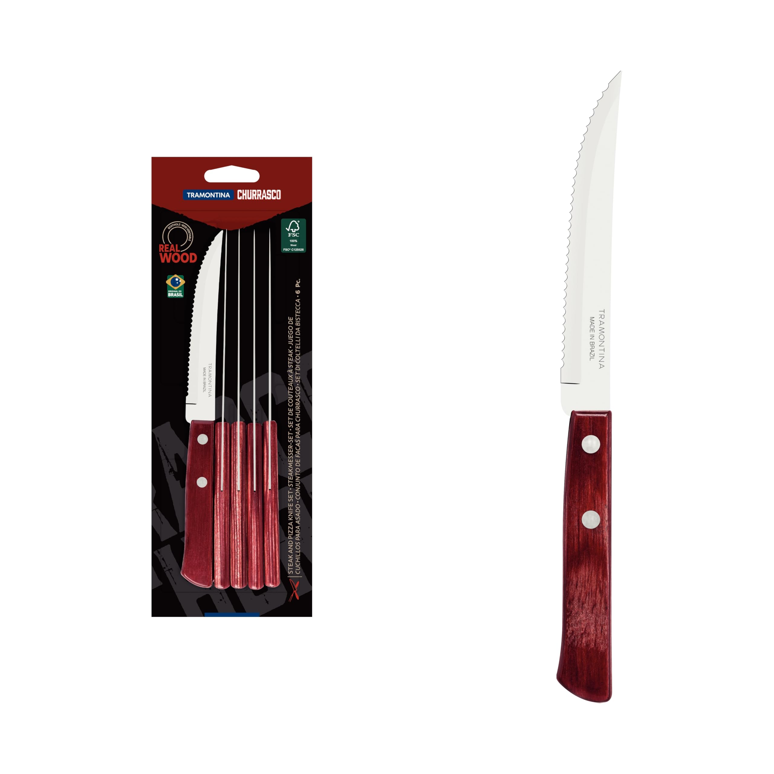 Tramontina6 Pieces Steak/Pizza Knife Set, Stainless Steel, Red Colour, 5-Inches, 29899/154