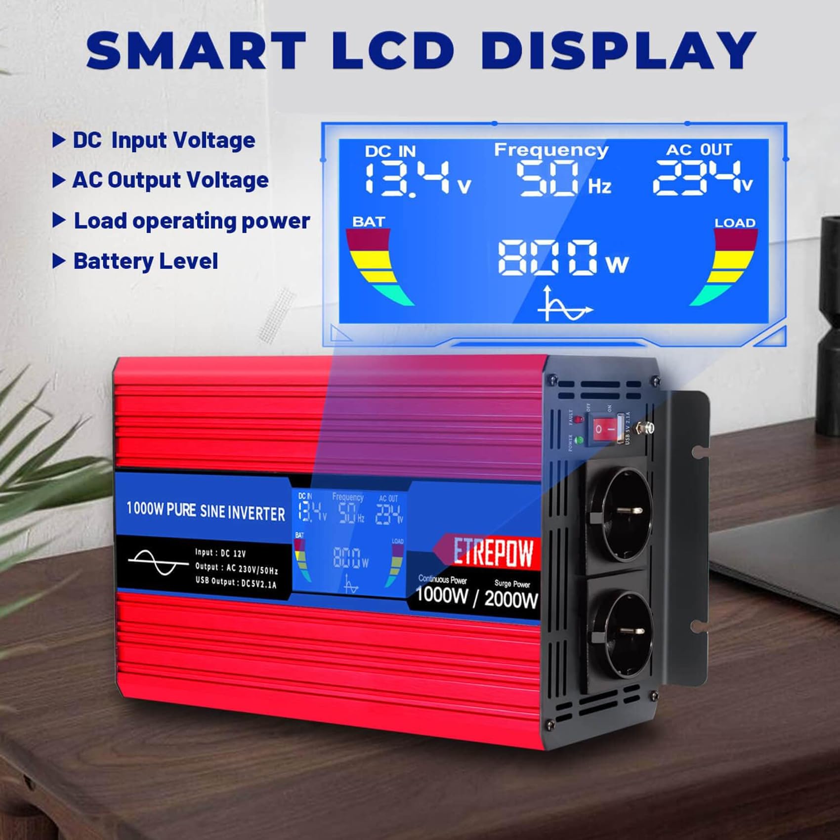 1000W Inverter 12V 220V Onda Sinusoidale Pura Trasformatore Con 2 Prese EU e USB, Telecomando Senza Fili,Display LCD,Picco 2000W