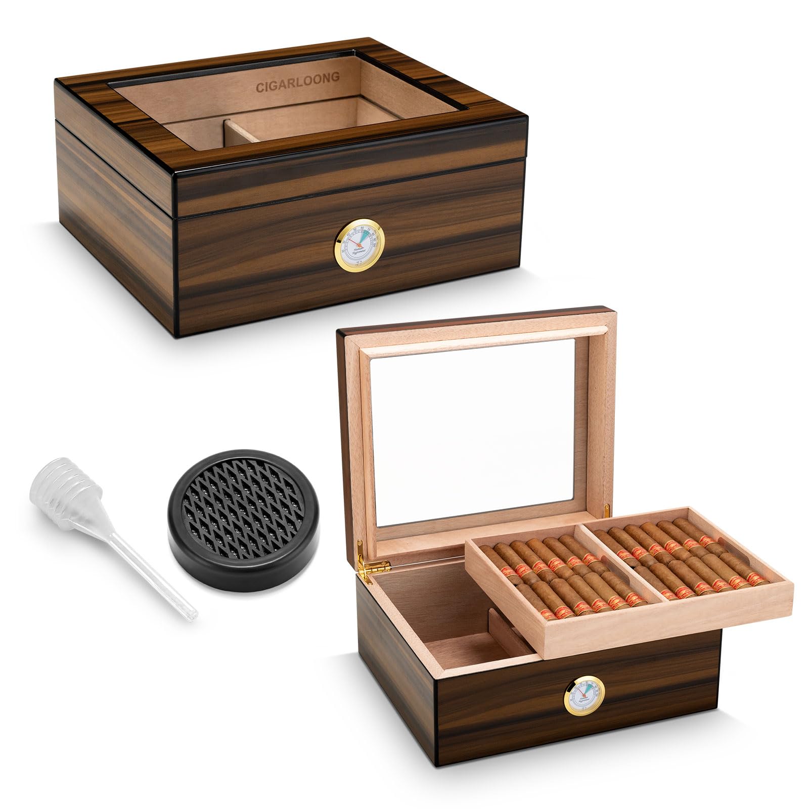 CIGARLOONG Zigarren Humidor Zedernholz, Glasplatte, Humidor mit Luftbefeuchter&Hygrometer, Geschenke für Männer (M für 50 Zigarren)