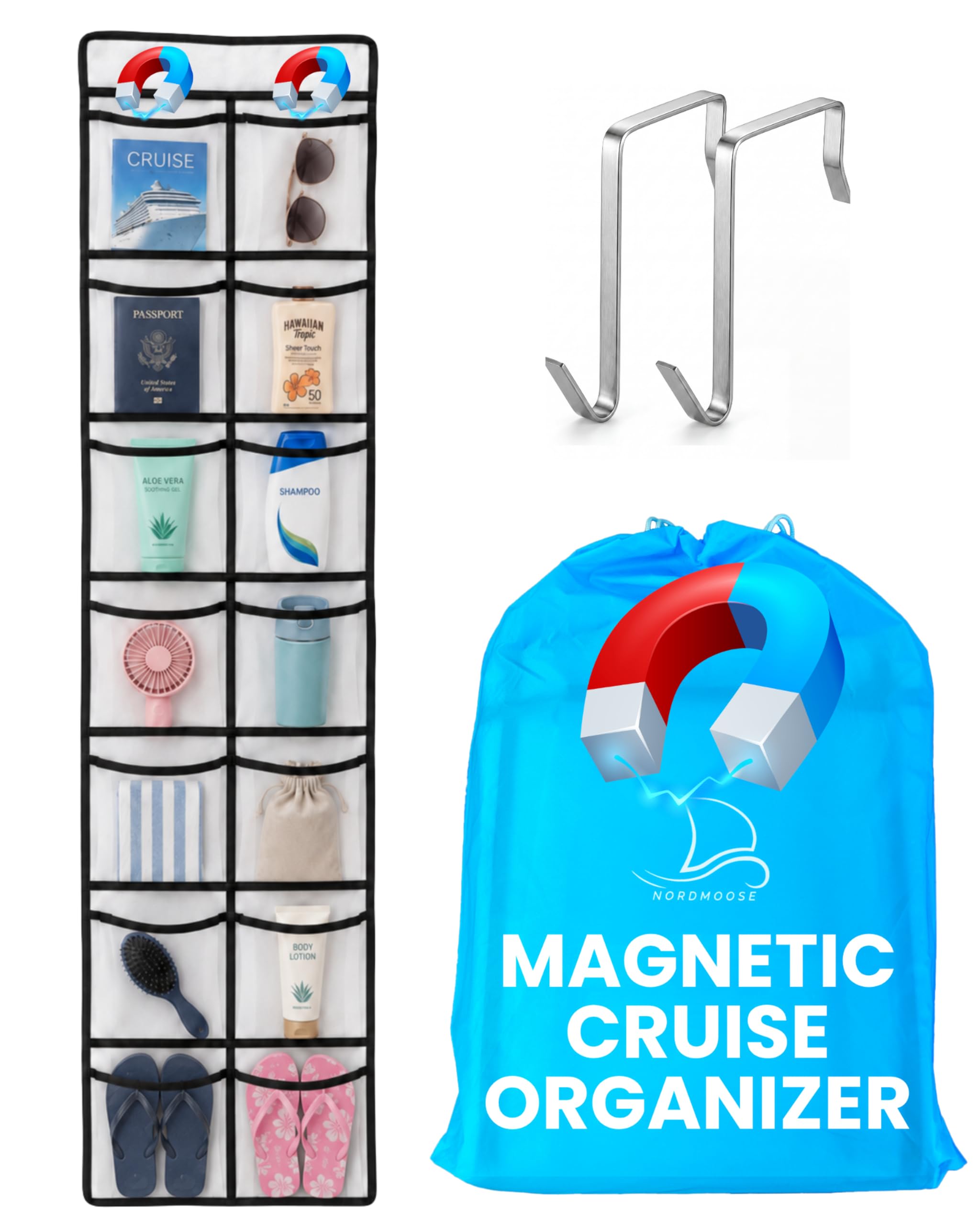 Magnetic Cruise Organizer 14 Pockets, 61" x 11,4" With Pocket Size 7" x 5,3" - Over The Door Organizer For Cruise Ships, Magnetic + Hook Mount, Large Durable Pockets for Cruise Essentials 2026