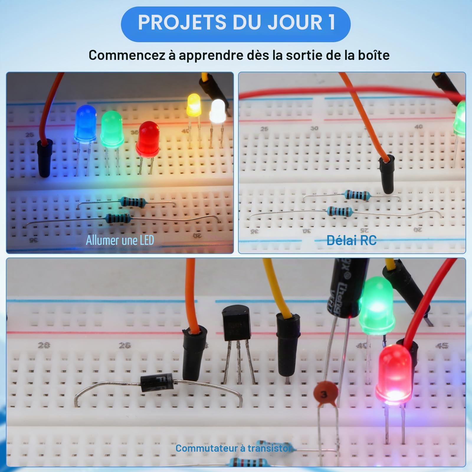 1530 Pièces Kit de Composants électroniques 9 types avec Résistance métallique,Condensateur,Diode,Diode LED,Transistor,Dupont Cable,Câble Jumper et Breadboard, pour UNO R3