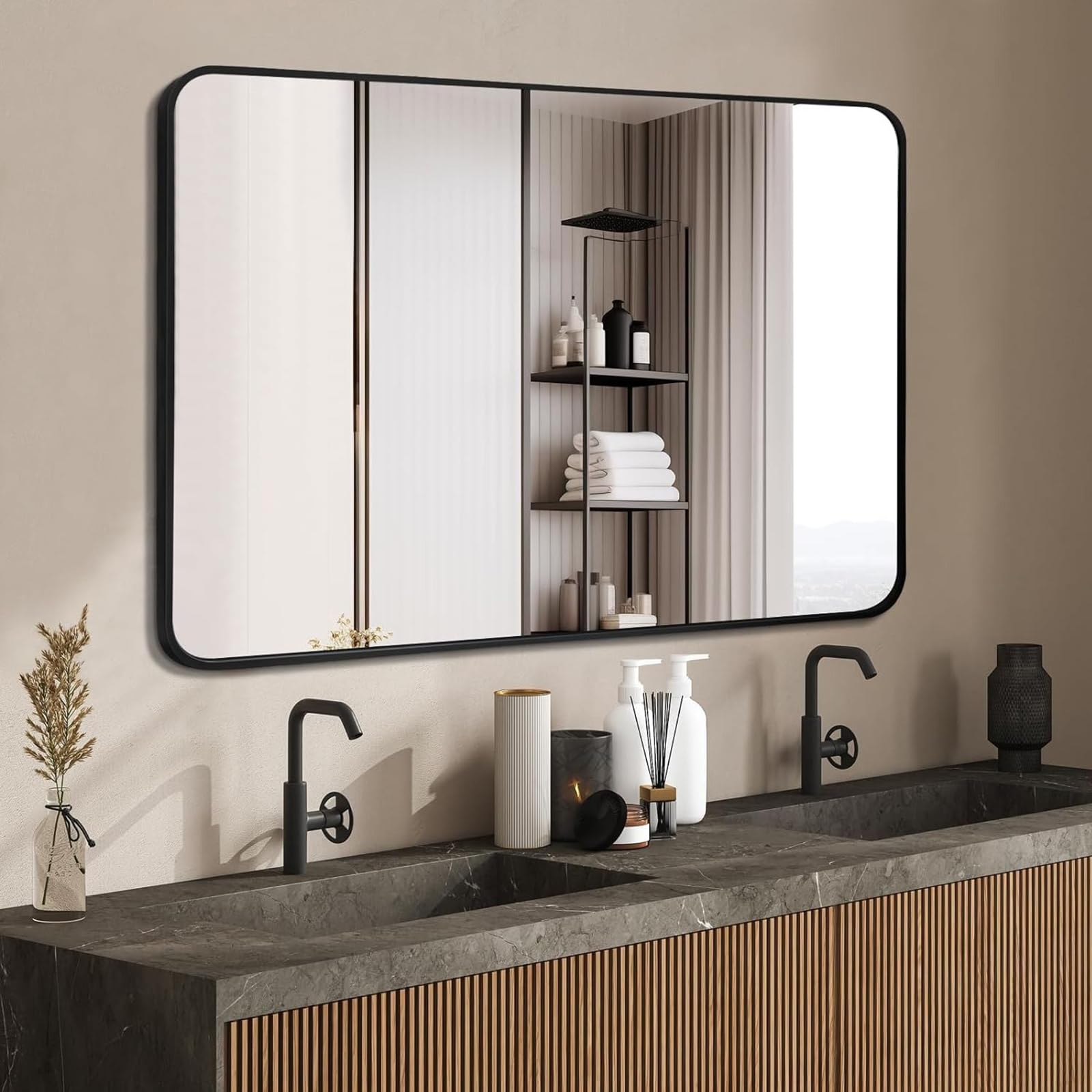 Espejo de baño 100x60 cm, Marco de Aluminio Negro | Resistente al óxido y la corrosión · montaje horizontal o vertical · baño, dormitorio, salón