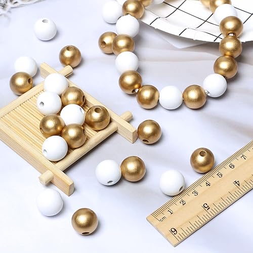 Miniatura 5 de 100 cuentas de madera blanca y dorada de 0.63 pulgadas para guirnaldas, cuentas espaciadoras sueltas de madera para manualidades, fabricación de