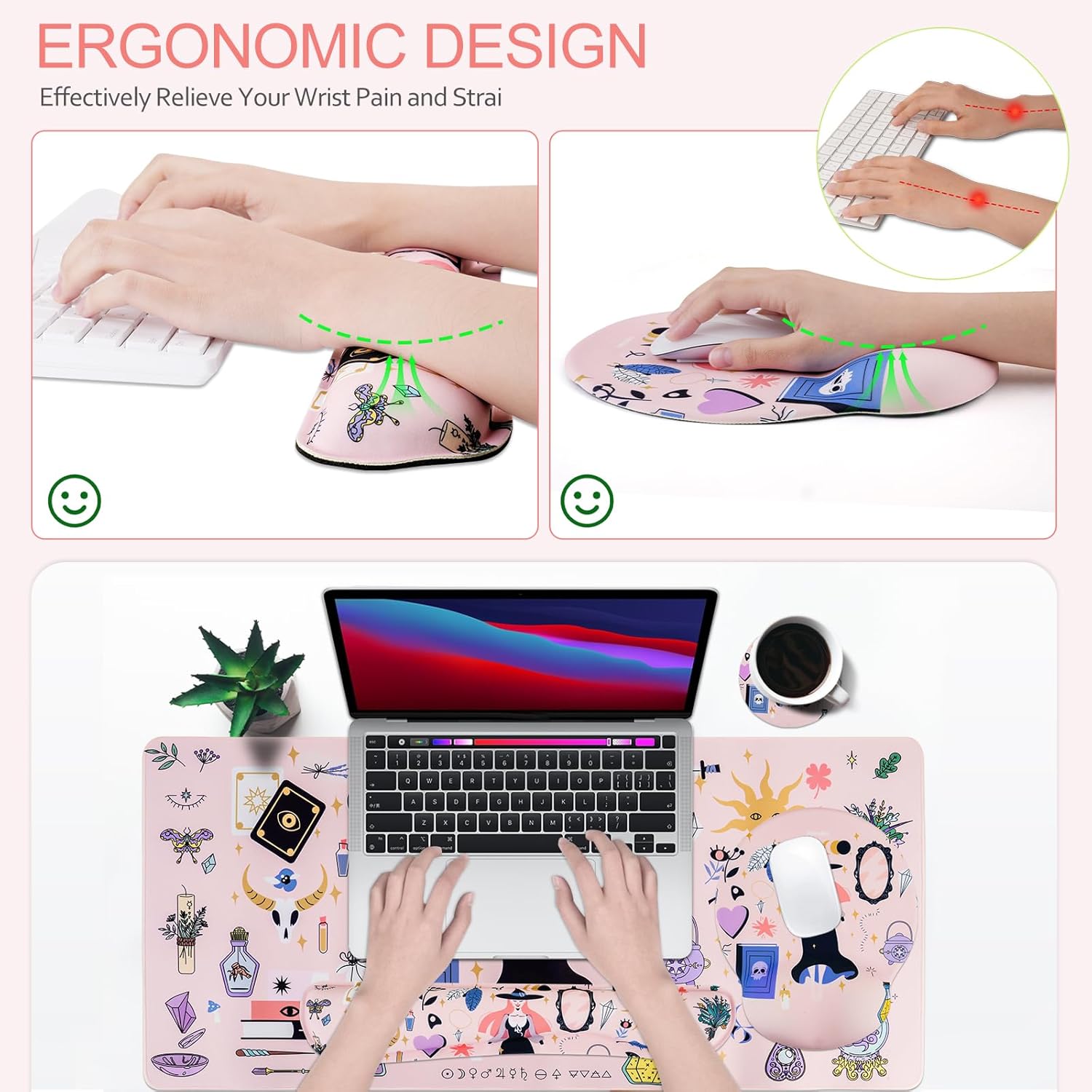 Petmolico Mouse Pad Set with Computer Keyboard Desk Pad,Mouse Pad with Wrist Rest,Typing Wrist Pad and Cup Coasters,Ergonomic Design for Typing Pain Relief [Pink,Halloween]