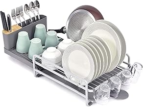 TOOLF Dish Rack and Drainboard Set, Extend Large Dish Drying Rack with Swivel Spout for Kitchen Counter or Sink, Expandable Dish Drainer Rack with Utensil Holder and Cup Holder