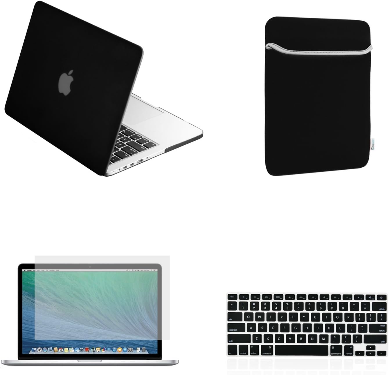 TOP CASE - Rubberized Hard Case Compatible with Apple13-Inch MacBook Pro A1425 and A1502 Bundle with Sleeve, Silicone Keyboard Cover, Clear Screen Protector and Mouse Pad - Black