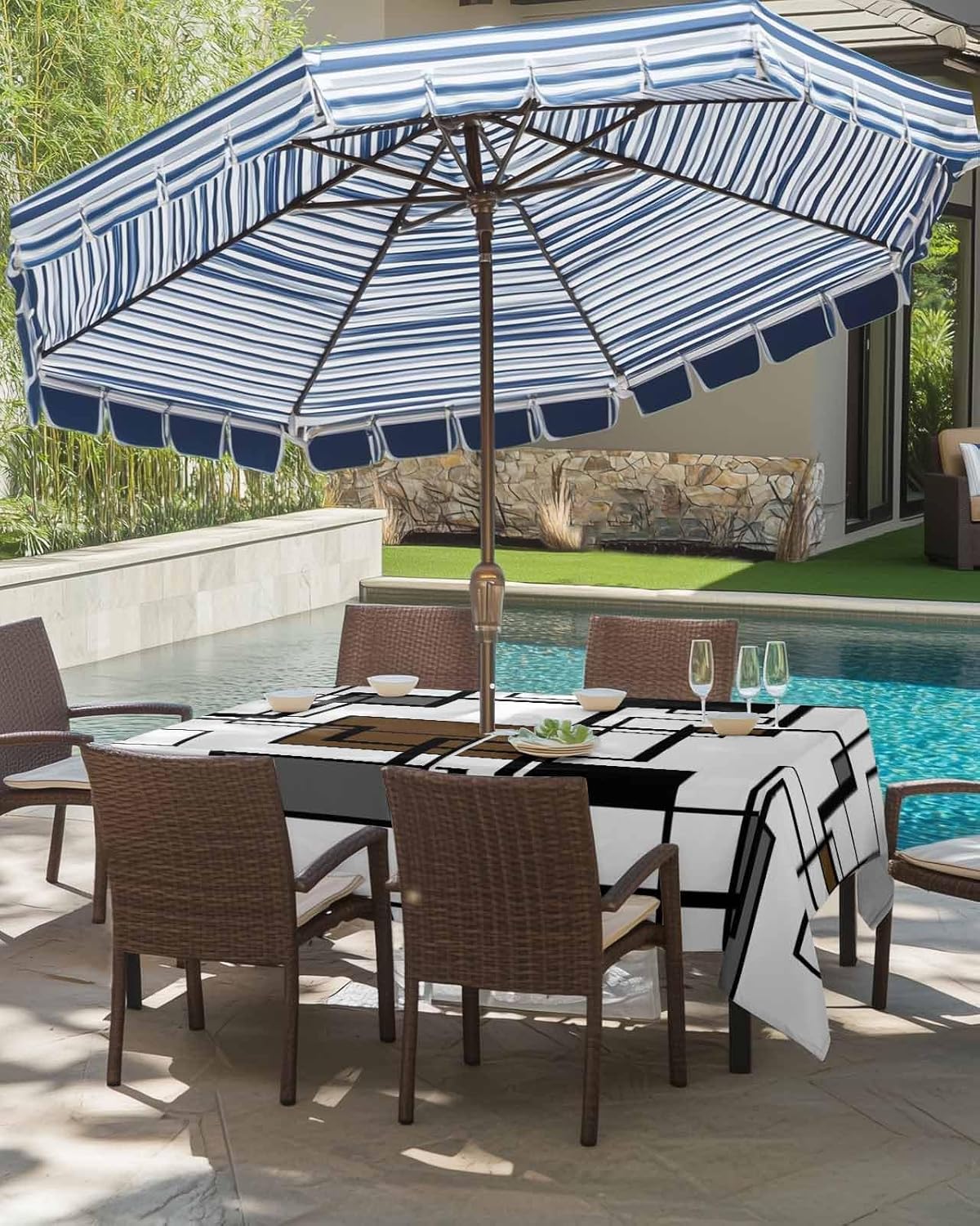 Rectangle Outdoor Tablecloth with Umbrella Hole 60x102 Inch, Table Cloth Waterproof Tablecloths Patio Table Cover, Garden/Yard Table Covers with Zipper - Abstract Geometric Cubes Modern Art Brown