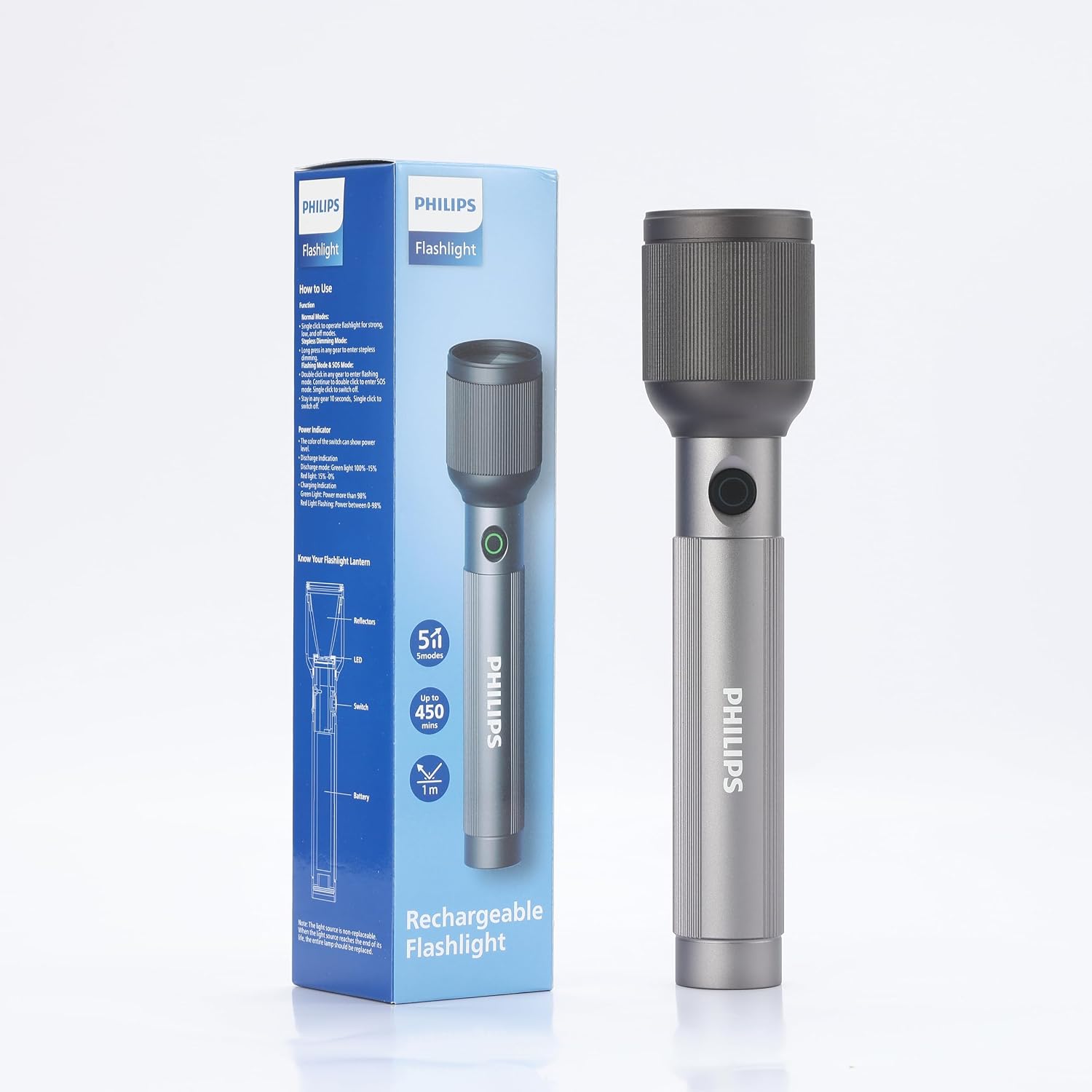 Philips 9W Torch Light, 3000mAh Handheld Flashlight Rechargeable and Stepless Dimming, 650 Lumens, 5 Lighting Mode, 450M C... - Review, Price and Buying Guide