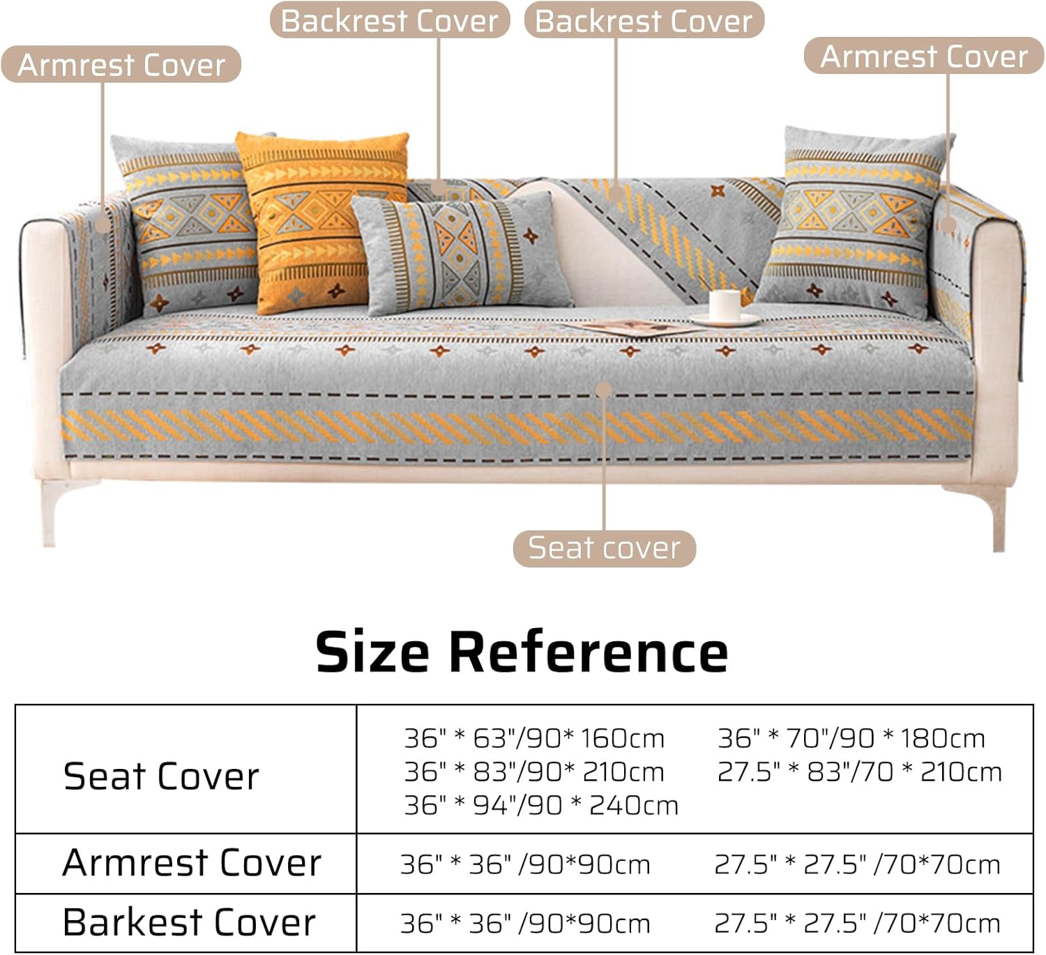 Boho Chenille Anti-Scratch Couch Cover, Waterproof Simple Striped Couch Slipcover, Sofa Cover for Pets,Love Seat, Armrest Covers,Backrest Covers,Non Slip,Breathable,1 Pc 36''x36'' Size, Gray