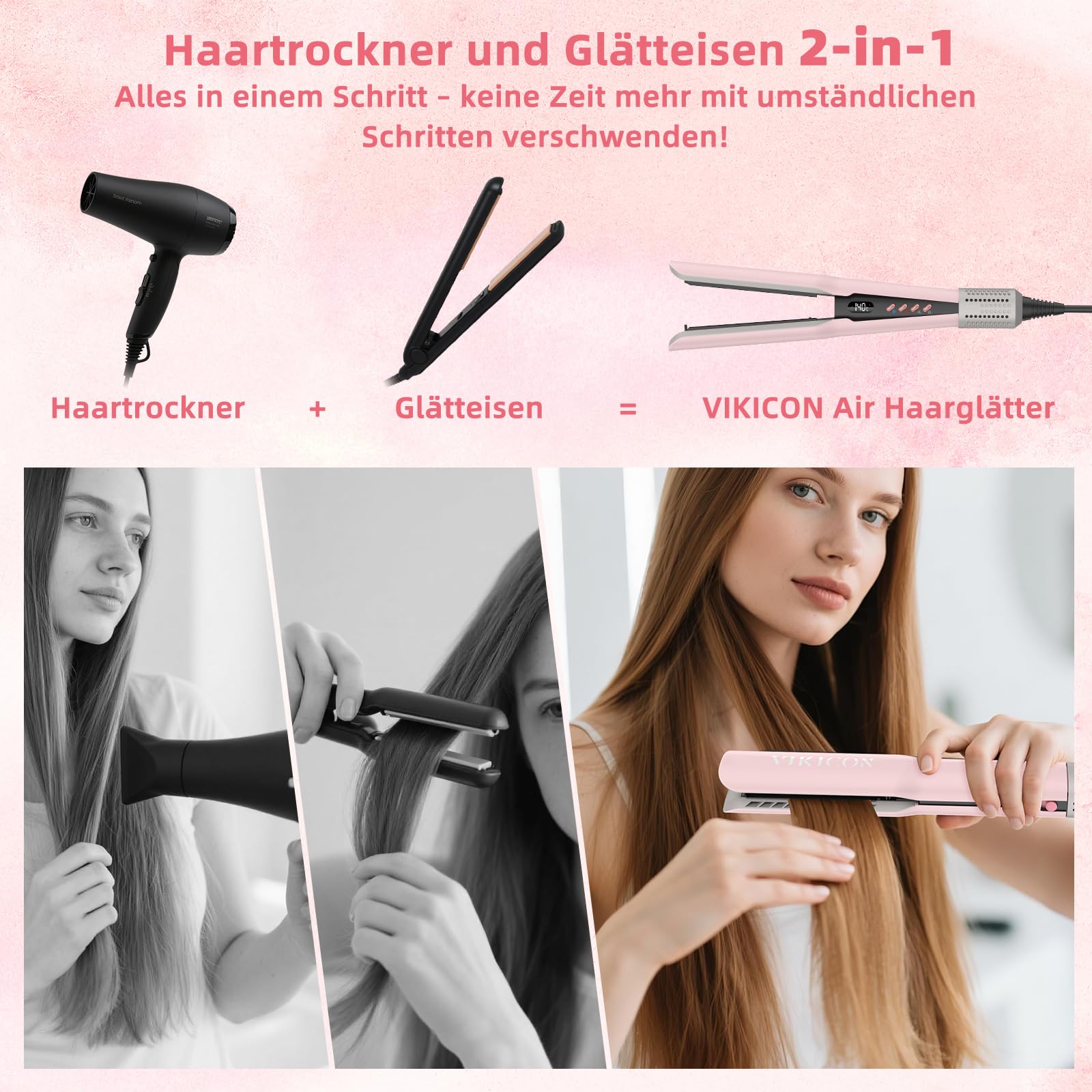 Air - Plancha de pelo sin placas calefactoras, estilo iónico para cabello largo, color rosa claro | Plancha alisadora de aire para rizar y alisar el pelo de longitud media a largo, no daña el cabello, menos rotura, más brillo