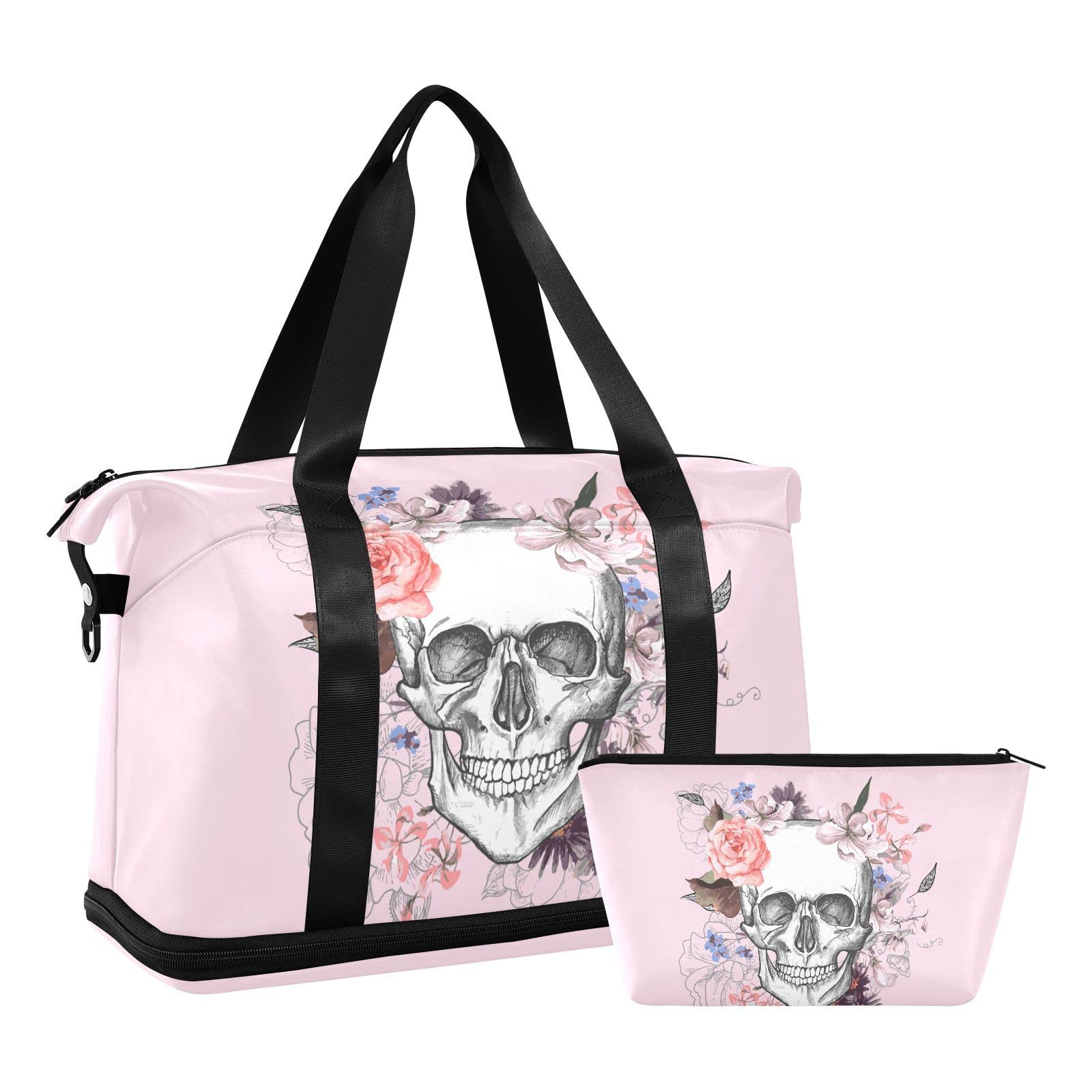 Gym Bag, Large Travel Swimming Sports Duffel Bags with Shoe Compartment Wet Pocket Women Men, Pink Skull Tote Gym Bag with Strap Handle Trolley Sleeve Makeup Bags