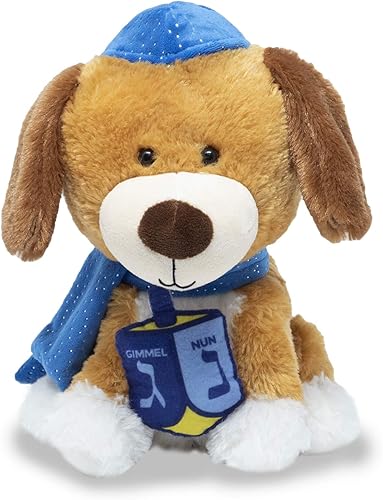 Cuddle Barn Dreidel Pup - Divertido cachorro bailarín de peluche de 10 pulgadas para niños | Celebra Hanukkah en Kipá azul o Yarmulke | Sings I Have