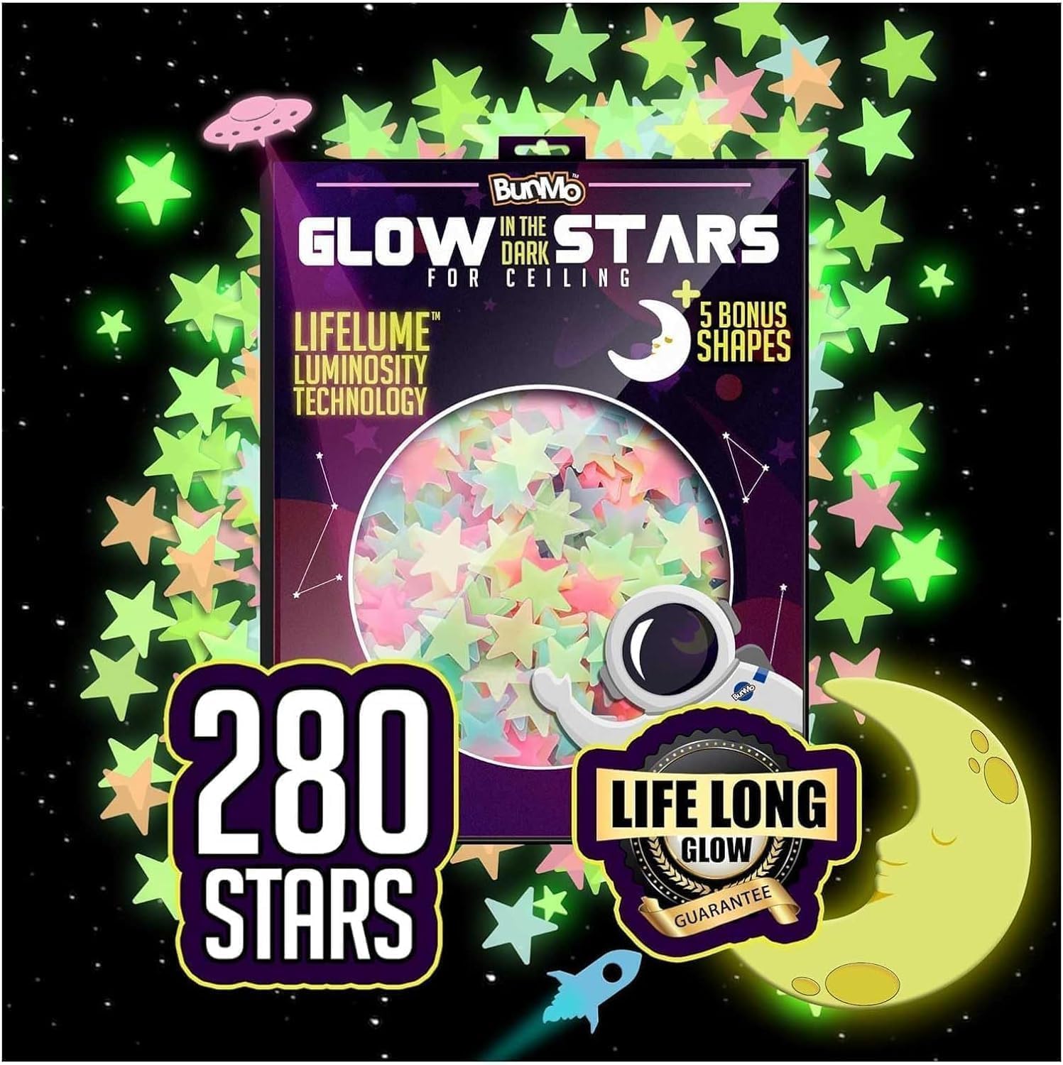 BUNMO Glow in The Dark Stars for Ceiling & Walls – 280 Piece Bright Wall Stickers, Long L…