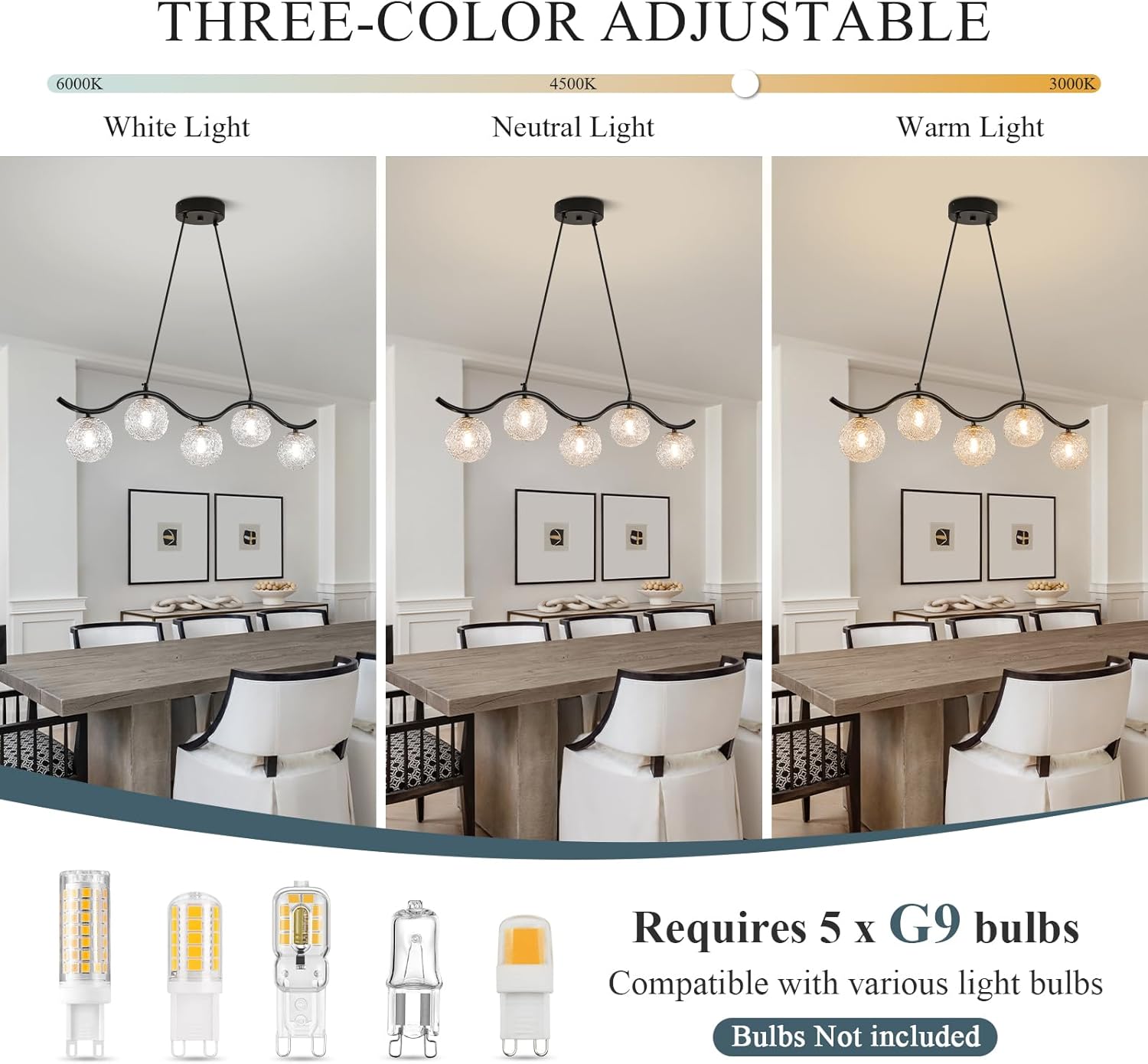 Modern Linear Globe Chandelier Black 5-Lights Dining Room Chandeliers Over Table Mid Century Linear Chandelier Adjustable Height Clear Glass Globe Pendant Light for Farmhouse Kitchen Island