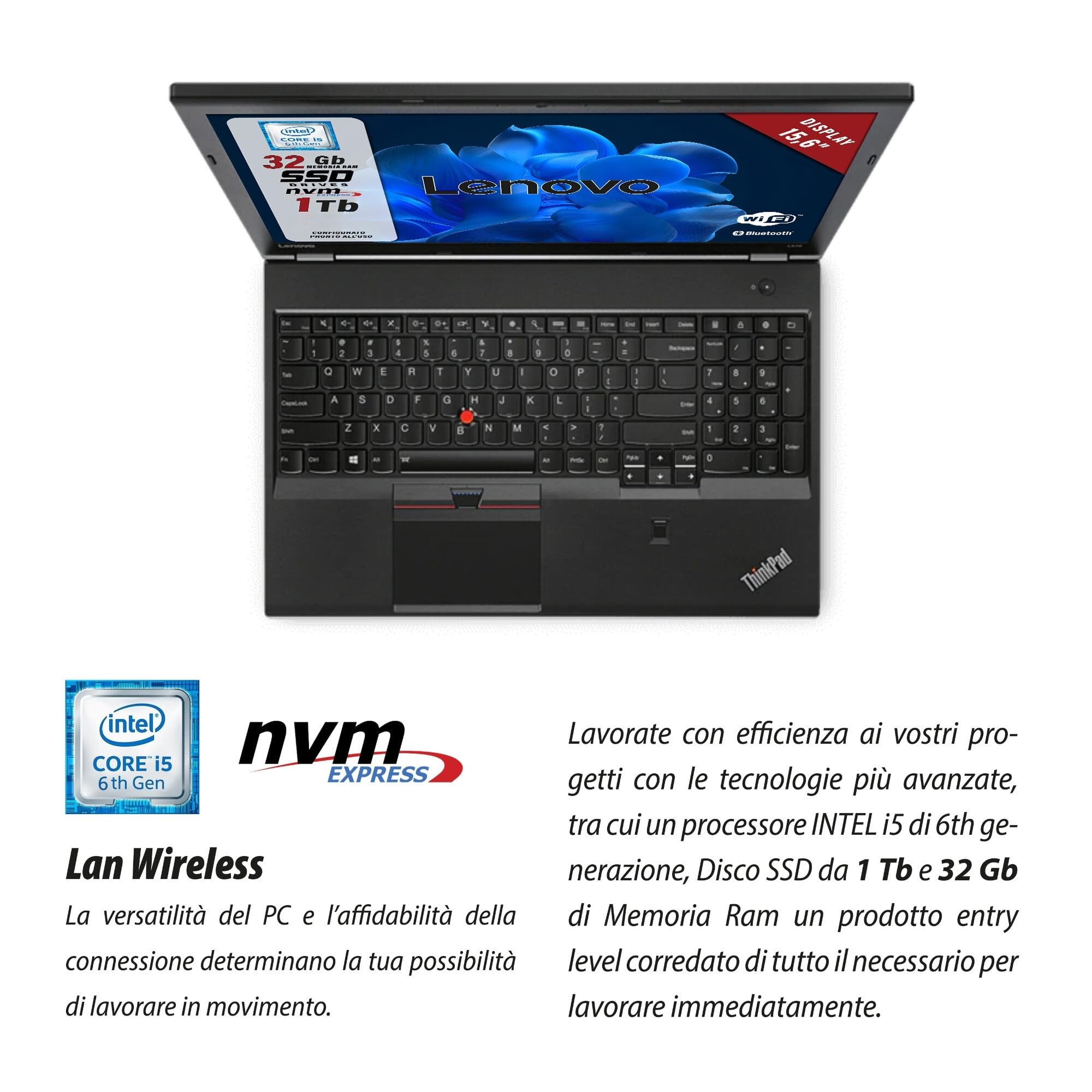Lenovo ThinkPad, Pc portatile Intel Core i5-6th Pronto All'uso con Pacchetto Libre, Notebook Con Display HD da 15,6", Ram 32Gb, SSD 1Tb (Ricondizionato)