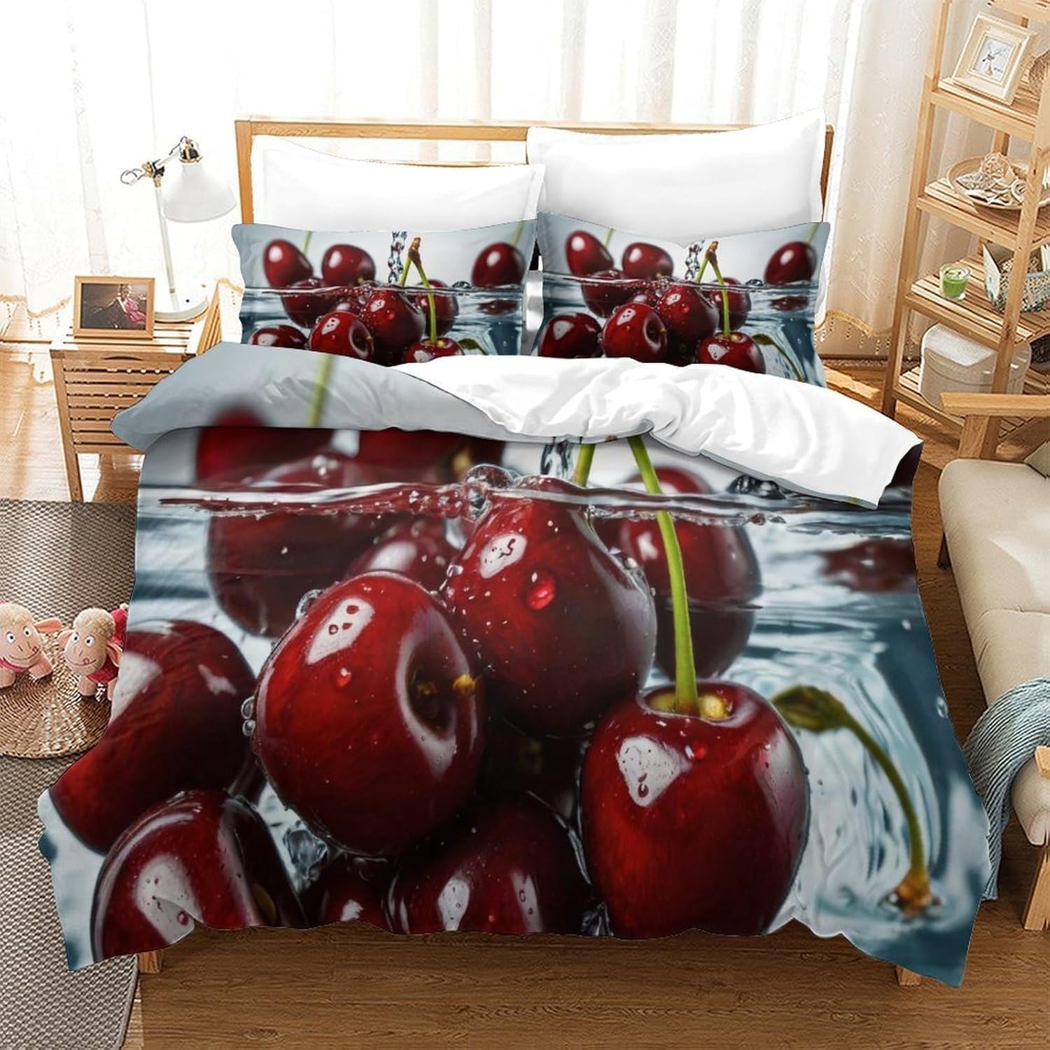 Housse de couette imprimé 3D cerises pour grand lit deux personnes