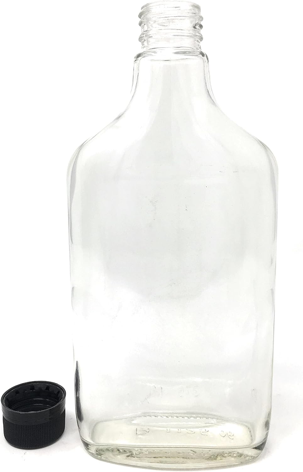 375 ml (12.7 oz) Glass Flask Liquor Bottle with Black Caps (6 Pack)