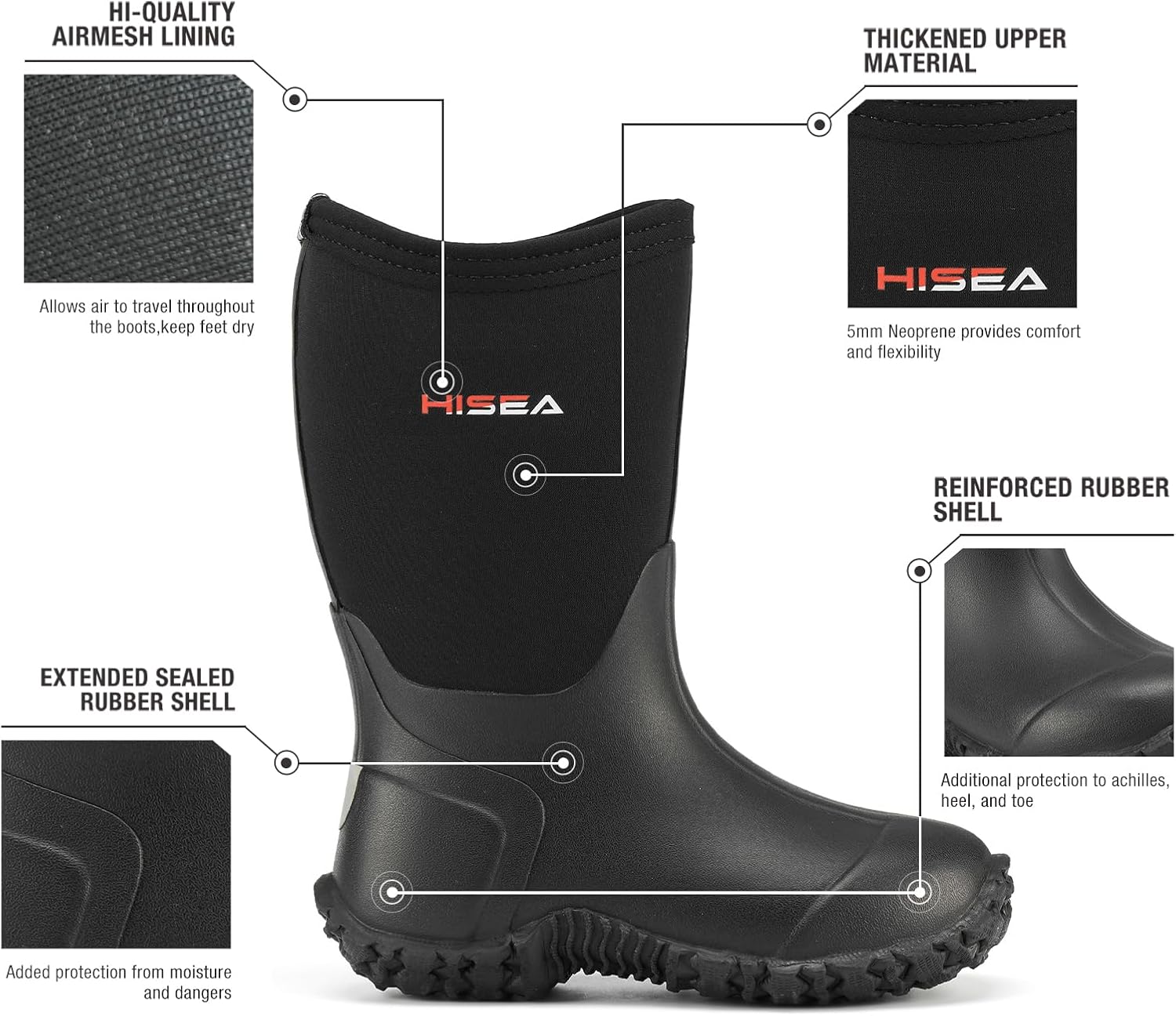 HISEA Kids Rain Boots Waterproof Neoprene Rubber Mud Boots Youth Rainboots Mid Calf Rain Shoes for Toddlers Kid Children Boys & Girls