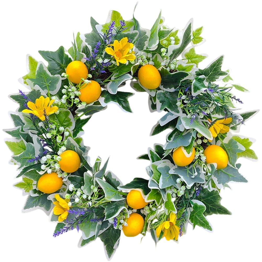 Baokuan Lemon Wreaths for Front Door Spring Door Wreath Small Artificial Wreath with Wildflowers Lemons for Spring Decor Greenery Wreath for Home Kitchen