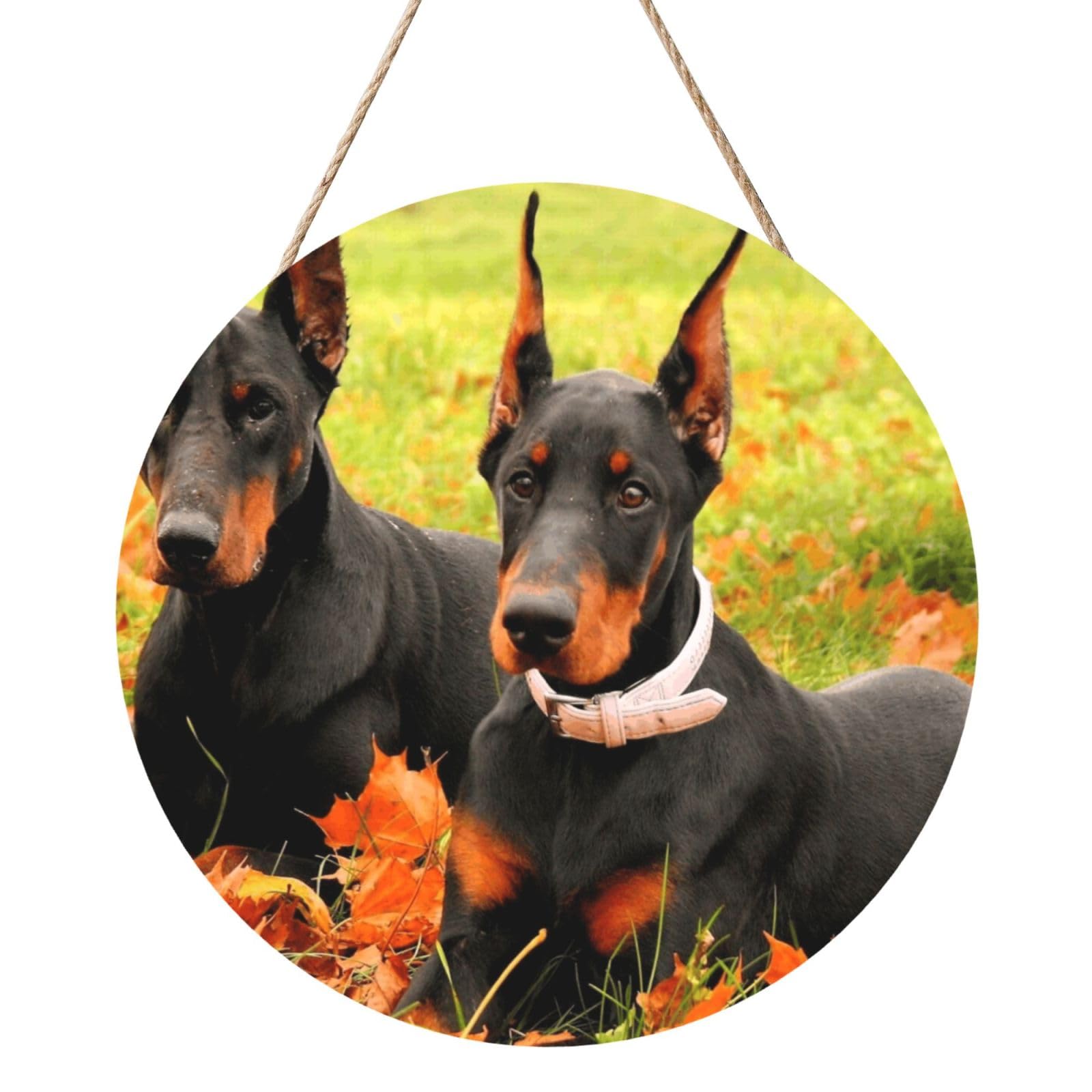 InOmak Beautiful Autumn Doberman, Round Wood Panel Painting 12 in, Wall Hanging Painting For Home
