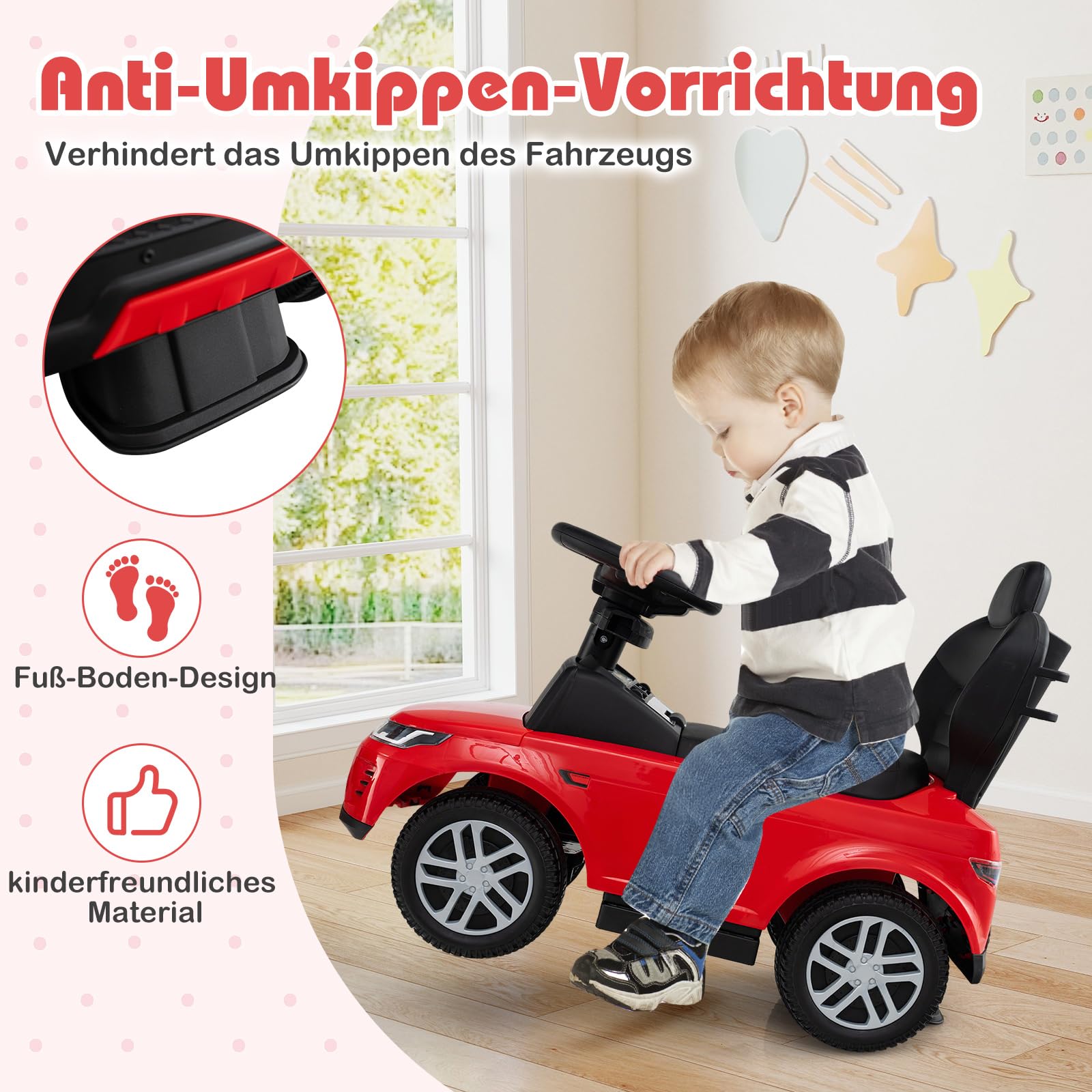 DREAMADE 3 in 1 Kinder Rutschauto, Schiebeauto mit abnehmbare Schiebestange, Kinderfahrzeug mit einziehbare Fußstütze, Kippschutz, Hupe, Stauraum, Rutschfahrzeug für Kinder ab 1 Jahr (Rot)