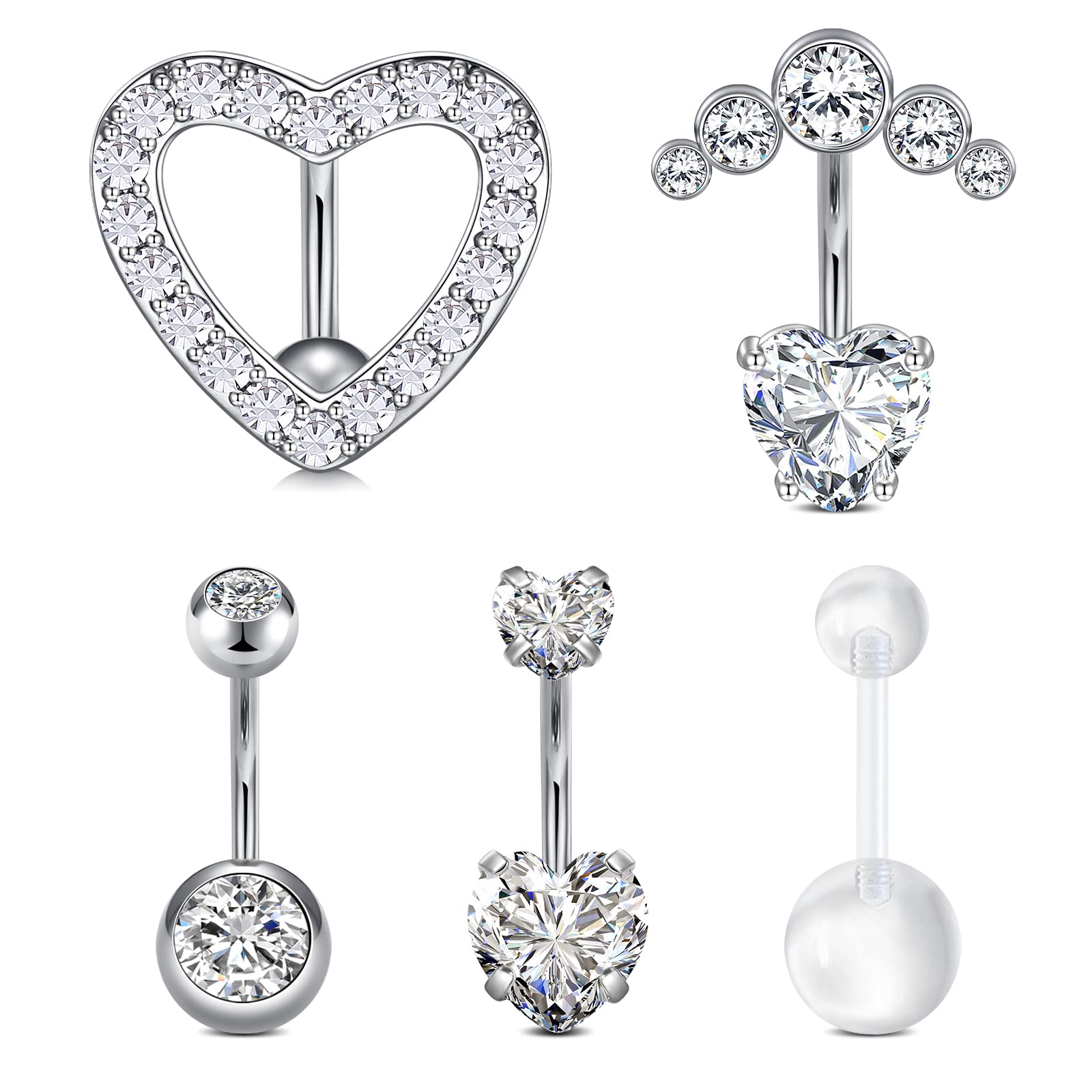 WillTen14G Piercing Ombligo Acero Inoxidable Piercing Banana Curvados Mujer Piercing Vientre Ombligo Corazón Diamante CZ Hombre 6-10MM
