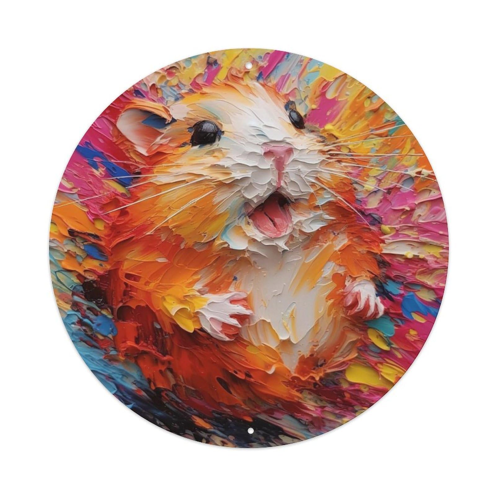 Oil Painting Style Art Animal Golden Hamsters Vintage Metal Tin Sign Plaque Wall Decor for Cafe, Club, Garden Round Metal Poster 8x8Inch