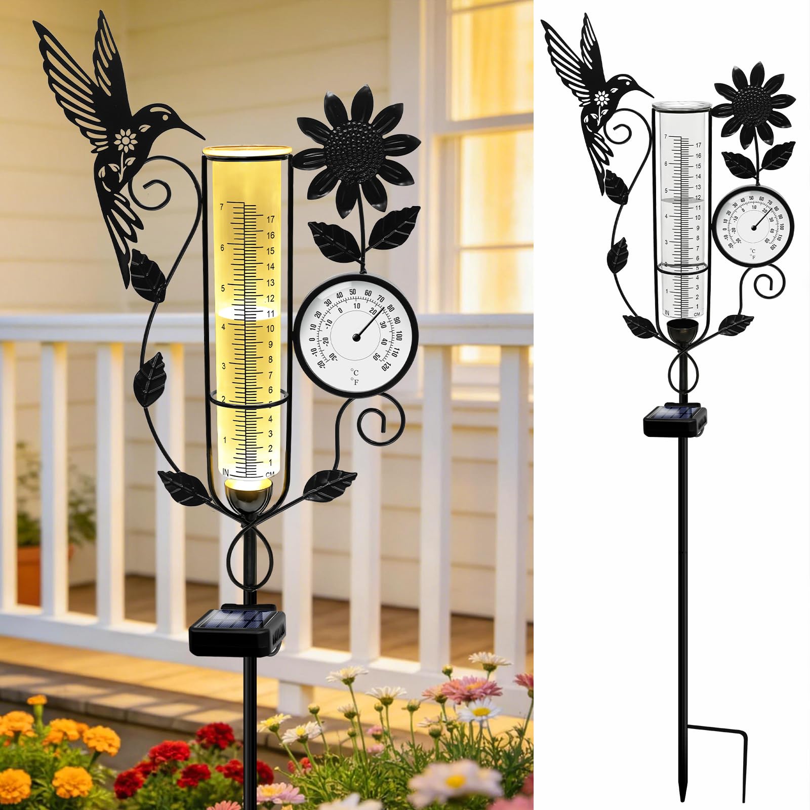 YJFWAL Kolibri-Regenmesser für den Außenbereich, dekorativer Metall-Sonnenblumen-Solar-Regenmesser mit LED-Licht und Thermometer, Gartendekoration für Hof, Rasen, Weg, Bauernhof