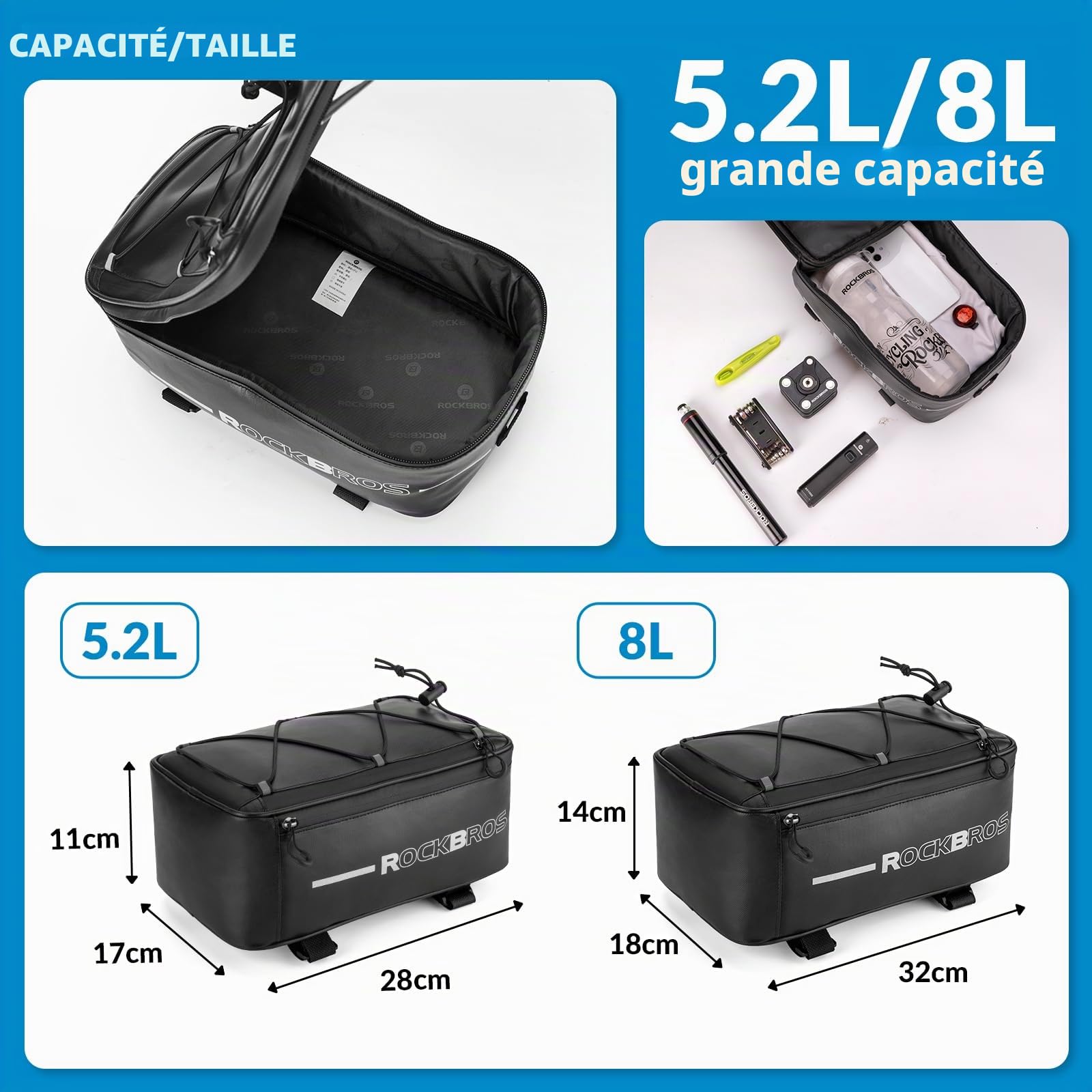 ROCKBROS Sacoche de Porte-Bagages 4-9L, Réfléchissante Avec Housse de Pluie, Arrière Amovible pour VTT VTC Vélo de Route Pliant Électrique Noir