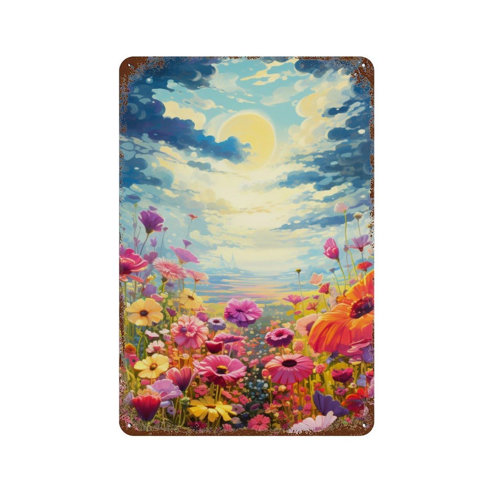 Fantasy Flower Field Sunset Distressed Metal Wall Sign 11.8"x7.9", Industrial Home Decor for Garage, Pub Or Kitchen