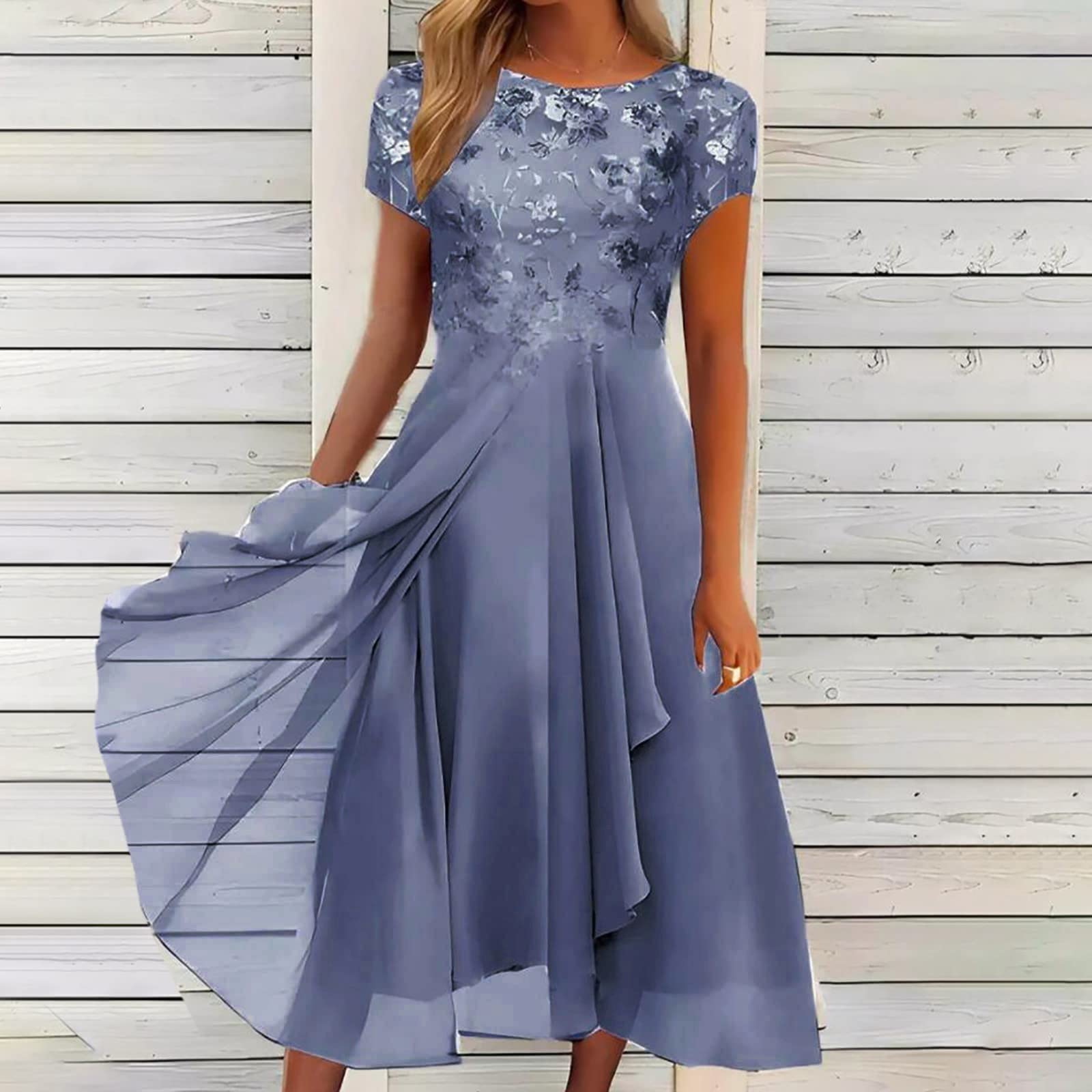 Vestido largo de gasa para mujer, vestido largo de flores, ligero y aireado, vestido de playa, cintura alta, manga corta, vestido envolvente, línea A, vestido largo fluido, vestido de cóctel, elegante
