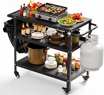 Xilingol Outdoor Grill Cart Pizza Oven Stand, BBQ Prep Table with Wheels & Seasoning Tray, Black Kitchen Tabletop Griddle Cooking Island & Station for Bar, Patio, Camping, Outside, Home