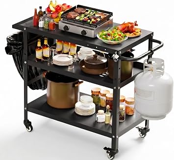 Xilingol Outdoor Grill Cart, Pizza Oven Stand Table with Wheels for Outside Patio, Heavy Duty Movable Outdoor Cooking Prep Table BBQ Cart for Backyard, Camping and Parties