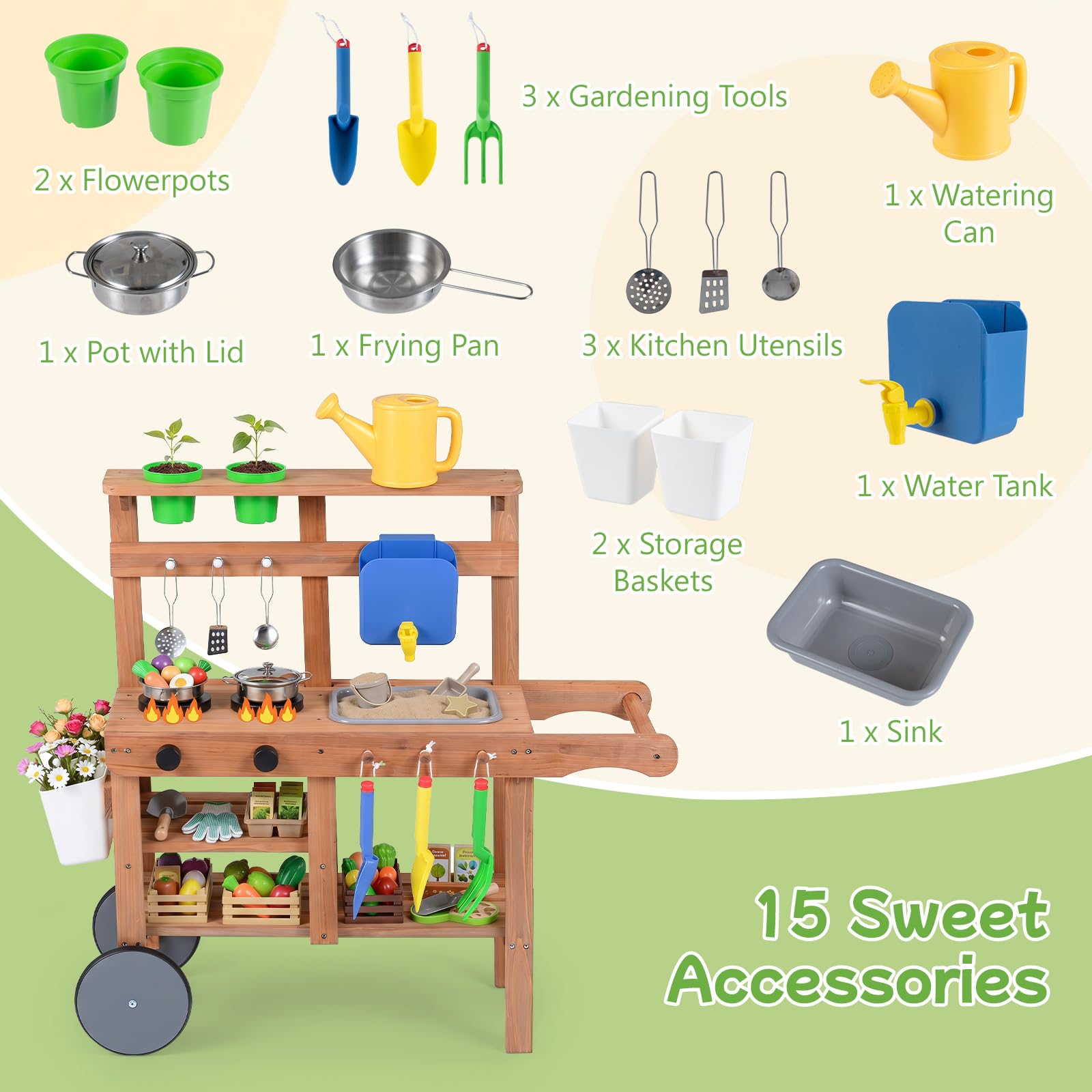 COSTWAY Cucina di Fango da Esterno, in Legno, per Bambini 3+ Anni | Cucina per Bambini con Padella, Serbatoio, Lavello, 2 Vasi di Fiori, 2 Ripiani Aperti, 2 Ruote e Accessori per Cucinare