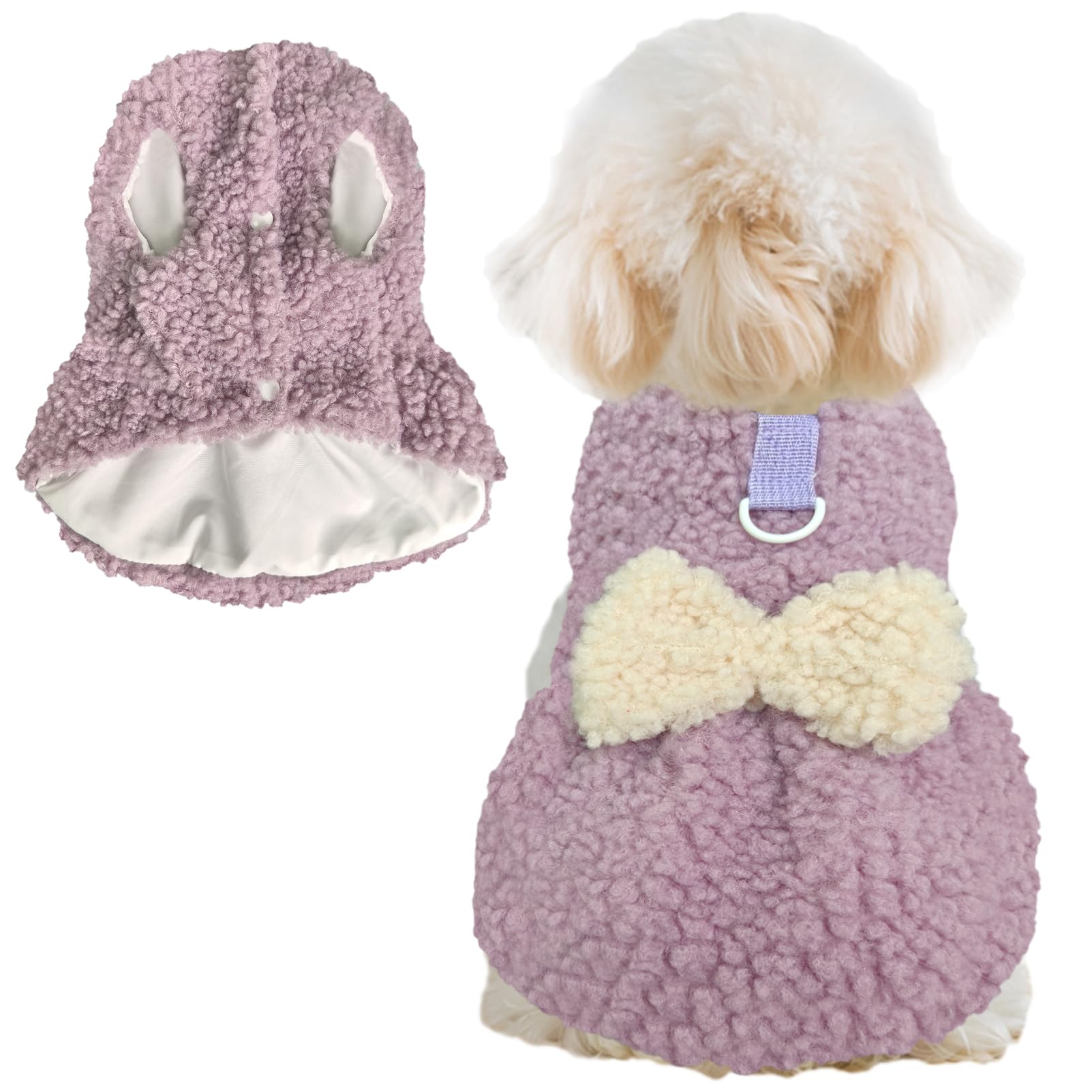 Jecikelon Dog Sweater Dress with Bow Tie Winter Warm Puppy Clothes for Small Dogs D-Ring Pet Clothing Suéter para Perros (Purple, Medium)