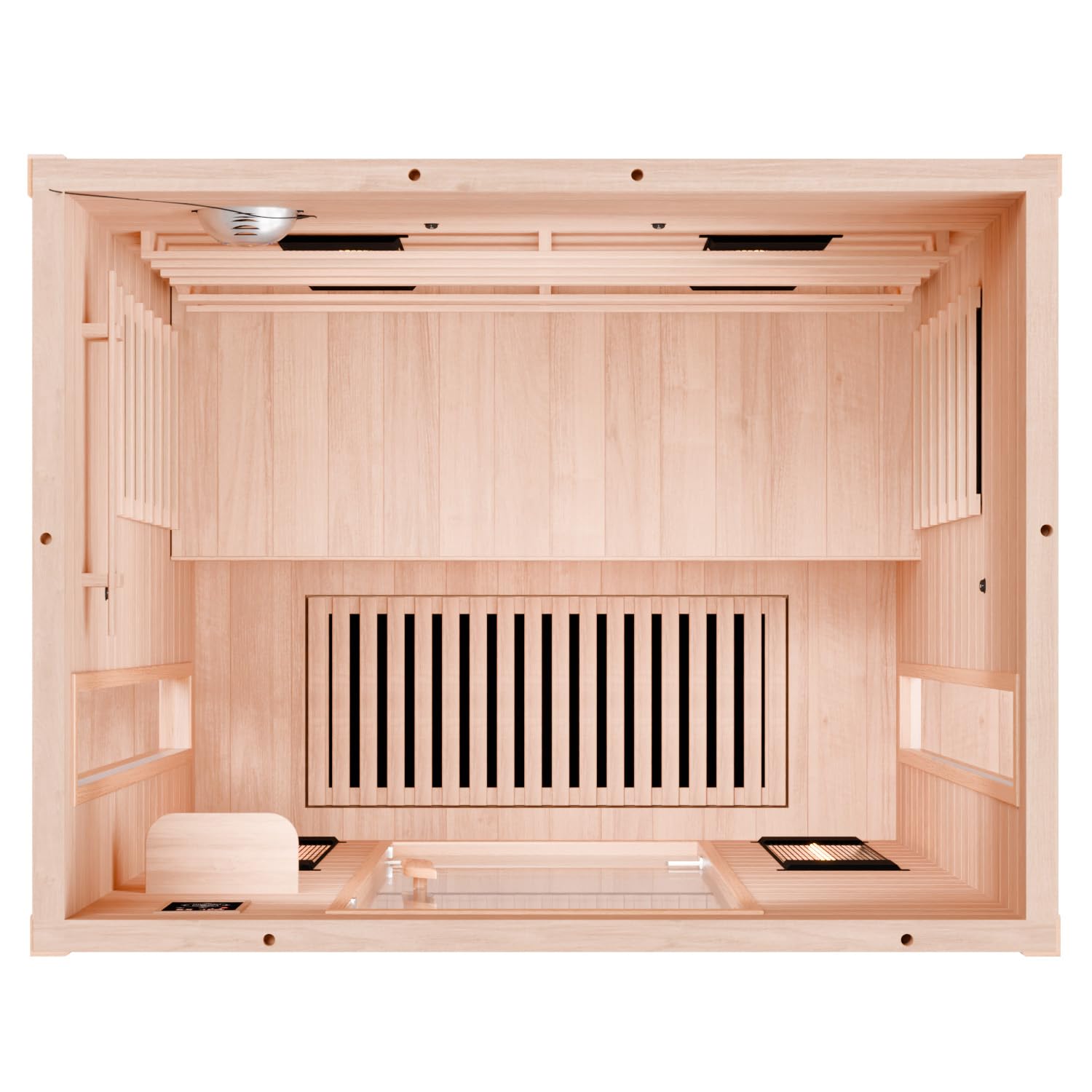 Dewello® Infrarotkabine Infrarotsauna Pierson 135cm x 105cm 1-2 Personen aus Hemlock Holz mit Vollspektrumstrahler, Bodenstrahler, LED-Farblicht, Bluetooth, FM,MP3,USB
