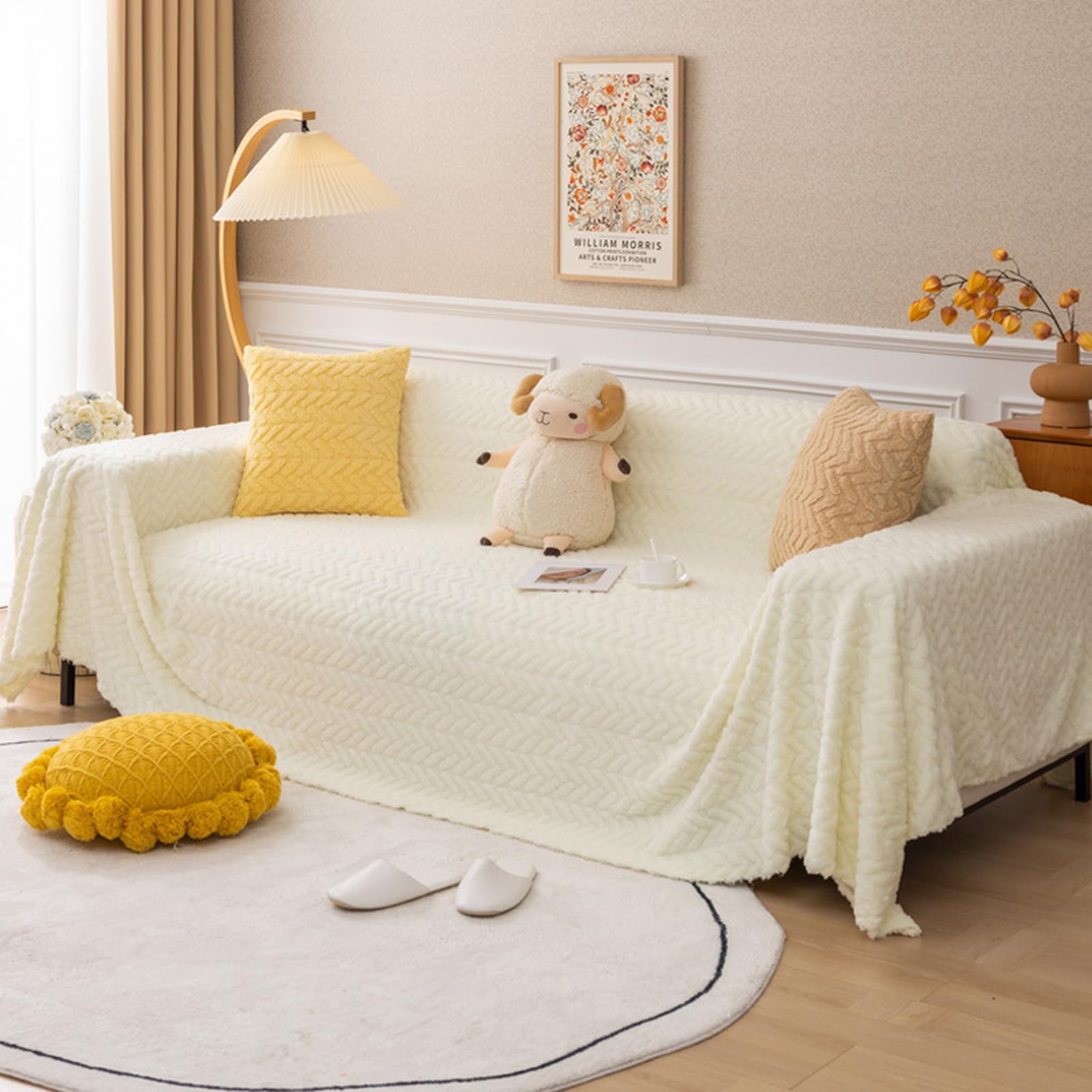 Sofa Throw Blanket 1 2 3 4-Seater Sofa Cover L-Shaped Corner Universal Couch Cover Pet Rebellion Sofa Towel Thick Plush Sofa Slipcovers Multipurpose Throws Blankets For Sofas (180X360cm,White)