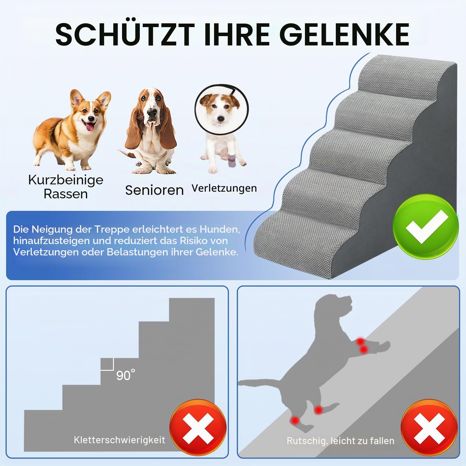 Hundetreppe für Bett, 72 cm hoch, 5-stufige Hunderampe, rutschfest, stabile Haustiertreppe für kleine Hunde und Katzen, um auf Hochbett oder Couch zu steigen, Grau
