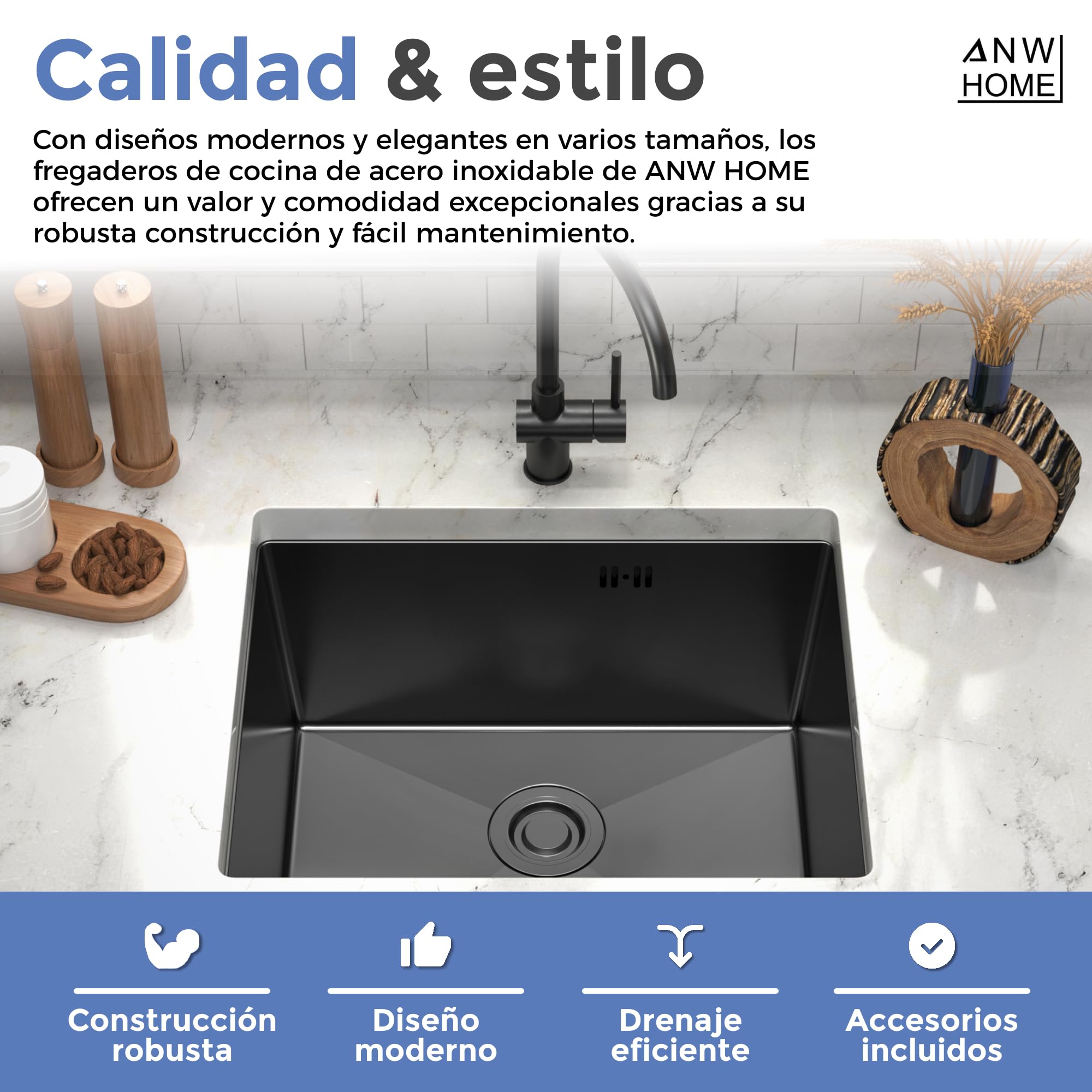 ANW HOME Fregadero Cocina 1 Seno 54x44 cm, Grafito PVD