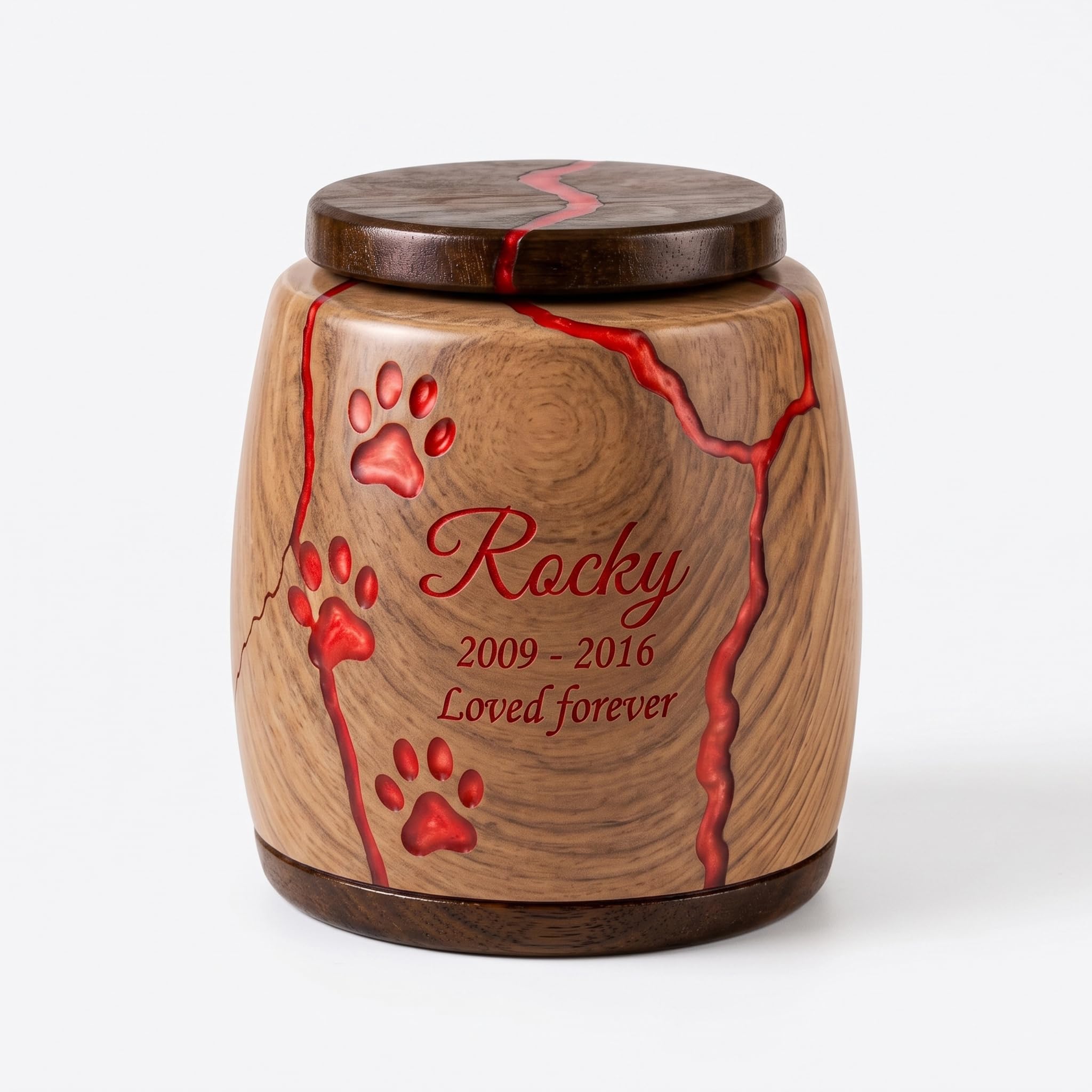 Personalized Pet Urn - Handcrafted Solid Wood Dog Urn, Memorial Keepsake Urn - Resin Inaly Engraved Urns for Ashes, Cremation Urns, Funeral Urn (Red)