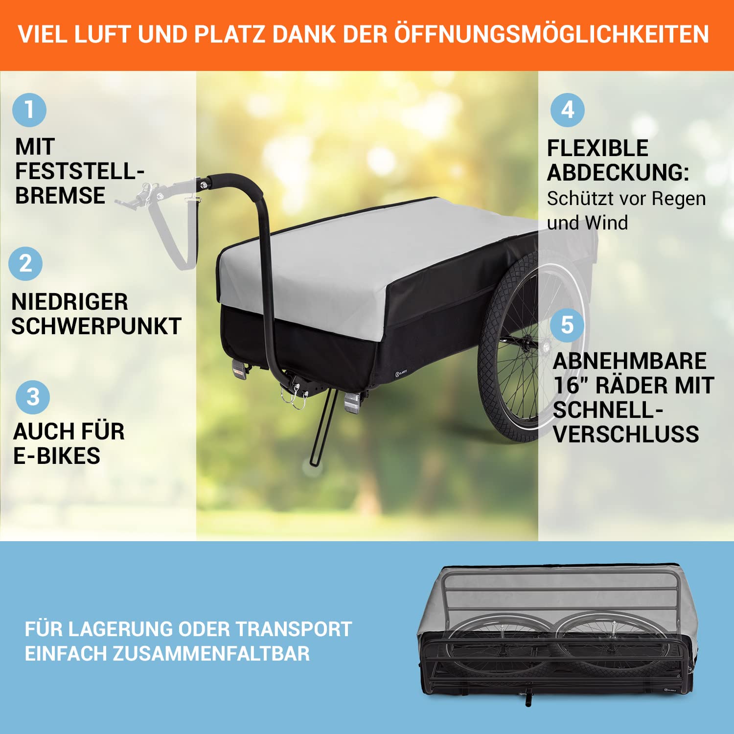 Klarfit Companion Fahrradanhänger - Lastenanhänger Fahrrad mit großer Ladefläche: 42 x 63 cm (BxT), Fahrradanhänger Lastenanhänger mit ca. 50 L Fassungsvermögen, 40 kg Ladegewicht