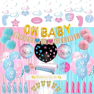 Gender Reveal Party Supplies Kit Blue and Pink (97 Pieces) Baby Boy Or Girl · Gender Reveal Decorations Include Jumbo Confetti Balloon, Assorted Pink and Blue Gender Reveal Balloons, Pink and Blue Tinsel Curtai，Hanging Swirl Decoration，tablecloth，Photobooth Props Sash &amp;amp; Banner