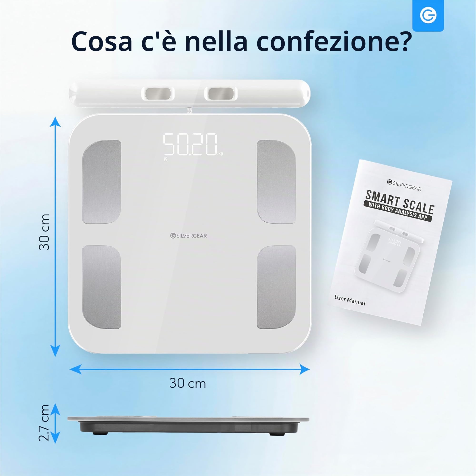 Silvergear® Bilancia Pesapersone PRO | Bilancia Impedenziometrica Bluetooth con APP | Bilancia Digitale Professionale con Grasso Corporeo, Massa Muscolare, BMI, Peso Osseo, BMR e Frequenza Ca