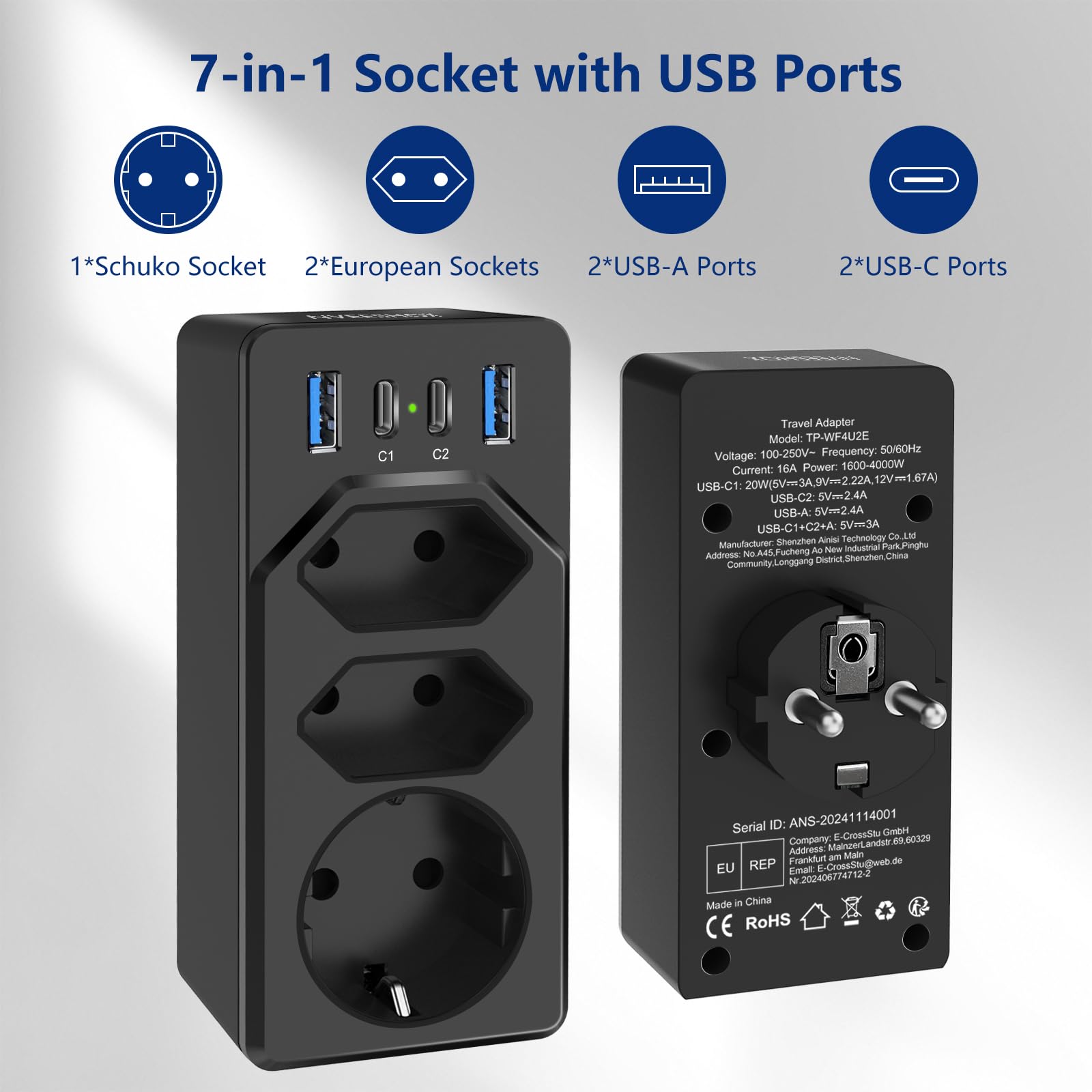 Presa Multipla USB Salvaspazio Con 4 USB(C1 20W PD3.0), Spina Italiana, 6 in 1 A Presa Multipla USB Salvaspazio Con 4 USB(C1 20W PD3.0), Spina Italiana, 6 in 1 A