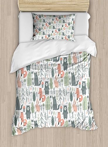 Lunarable Woodland Creatures - Juego de funda de edredón, animales y árboles escandinavos pastel, juego de ropa de cama decorativo de 2 piezas con 1