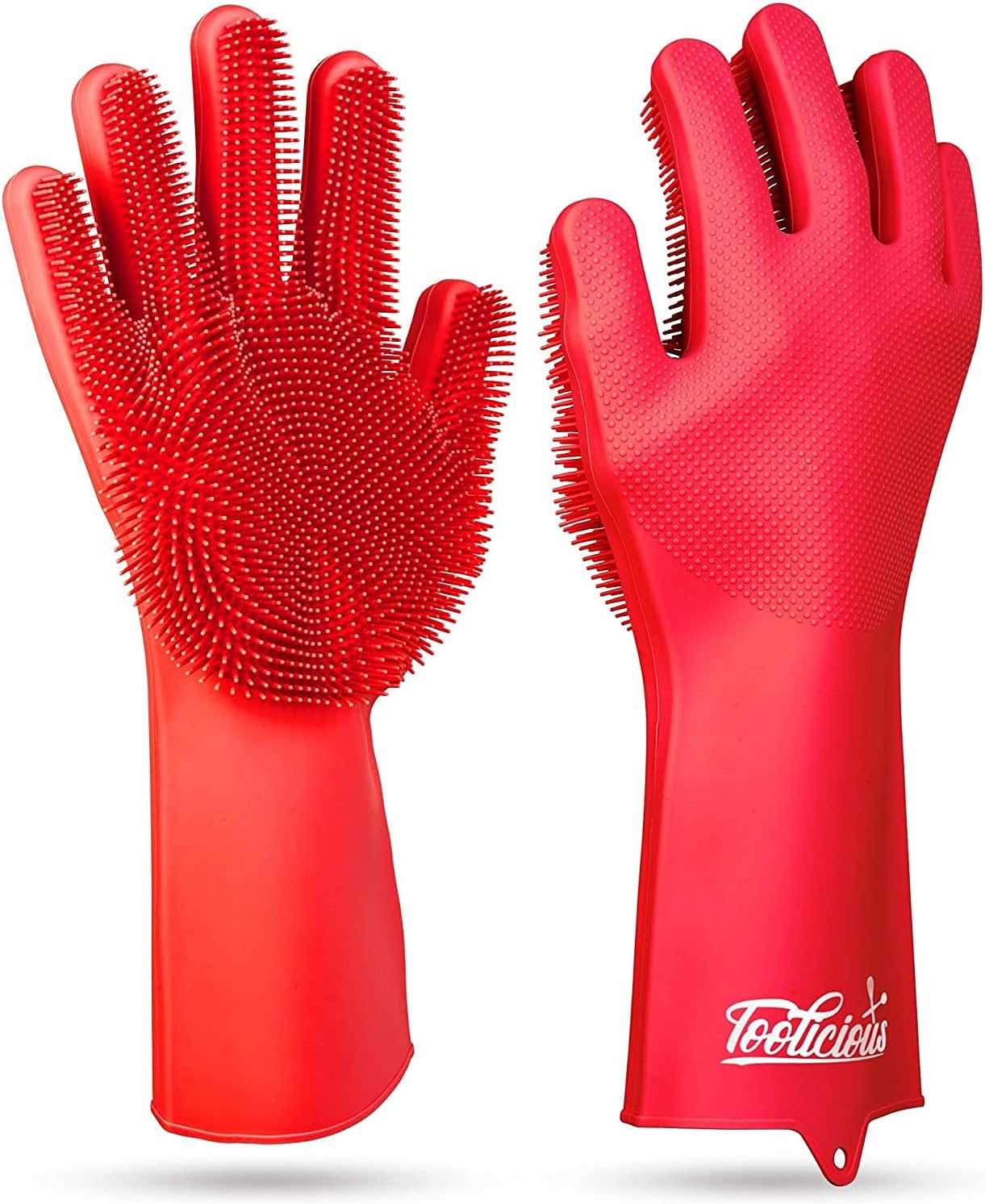 Magic SakSak Reusable Silicone Dishwashing Gloves, 14.5 Inch, Red, Unisex