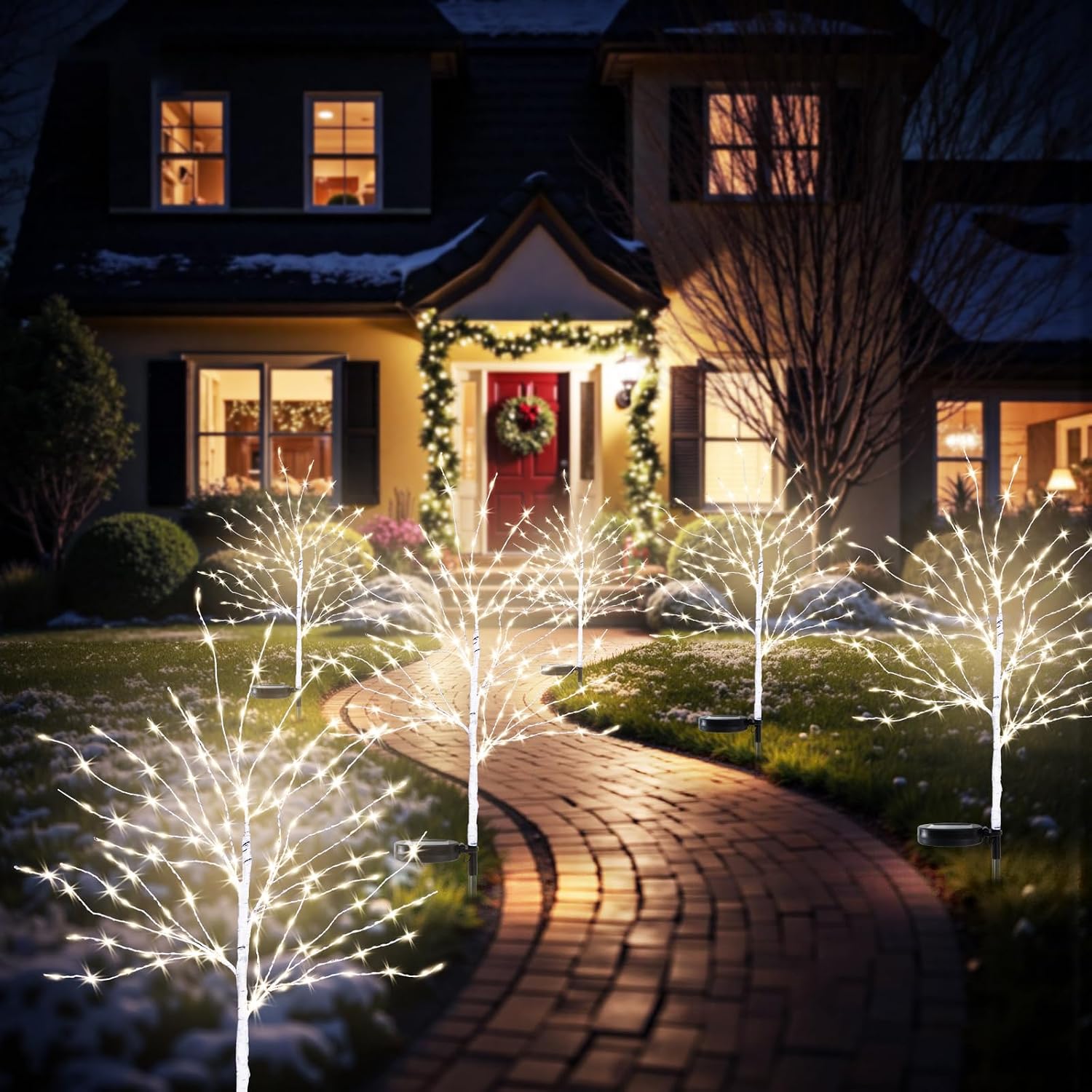Solar Outdoor Christmas Decorations, 35INCH Fairy Light Brich Tree, Solar Christmas Decor for Outside, Yard, Garden, Pathway, Wterproof LED Warm White Lights, 8 Modes, Auto On/Off, 4PCS