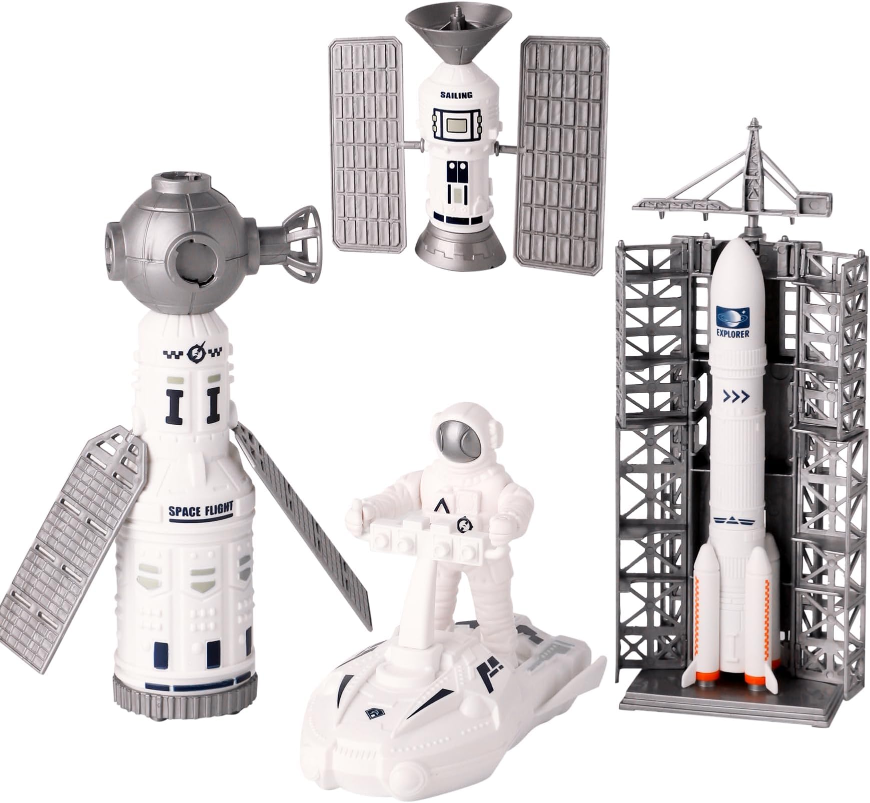 Wbzle Space Toy Kit, Spaceship Toys Set with Astronaut Figure, Double Satellite, Pointy Rockets and Launch Towers, Space Scooter, Astronaut Exploration Gift for Exploring Boys and Girls