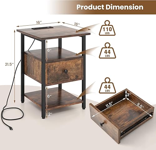Miniatura 6 de GOFLAME Juego de 2 mesitas de noche con estación de carga, mesa auxiliar de 3 niveles con cajón y estantes abiertos, mesa de sofá industrial con 2